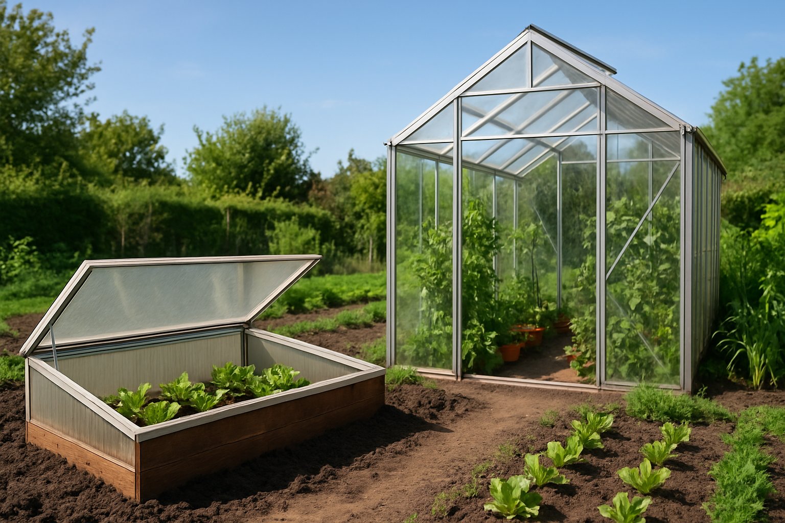 A garden scene showing a small cold frame with plants growing inside next to a larger greenhouse filled with plants.