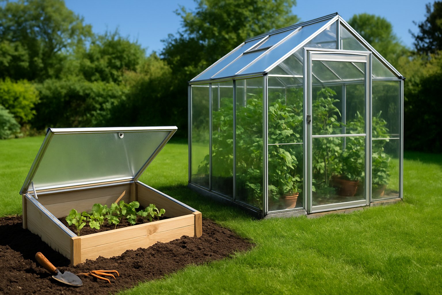 A garden scene showing a small cold frame with seedlings on one side and a larger greenhouse with mature plants on the other side under a clear sky.