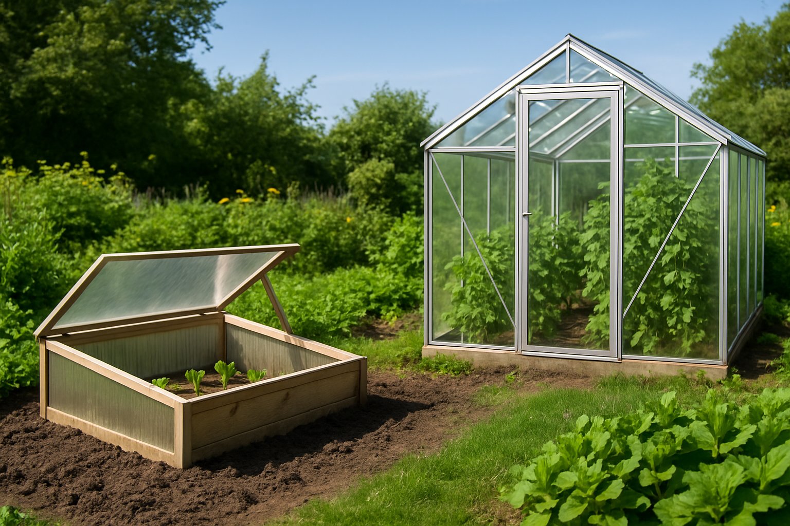 A garden scene showing a small cold frame with seedlings on the left and a larger greenhouse with plants on the right under a clear sky.