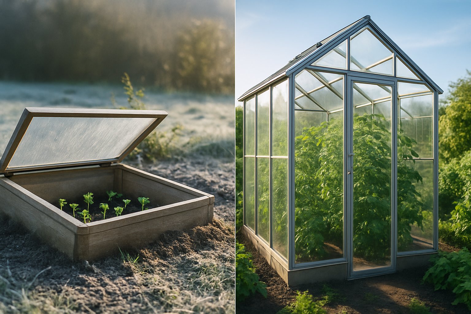 A garden scene showing a small cold frame with seedlings and frost on the left, and a tall greenhouse filled with green plants under sunlight on the right.