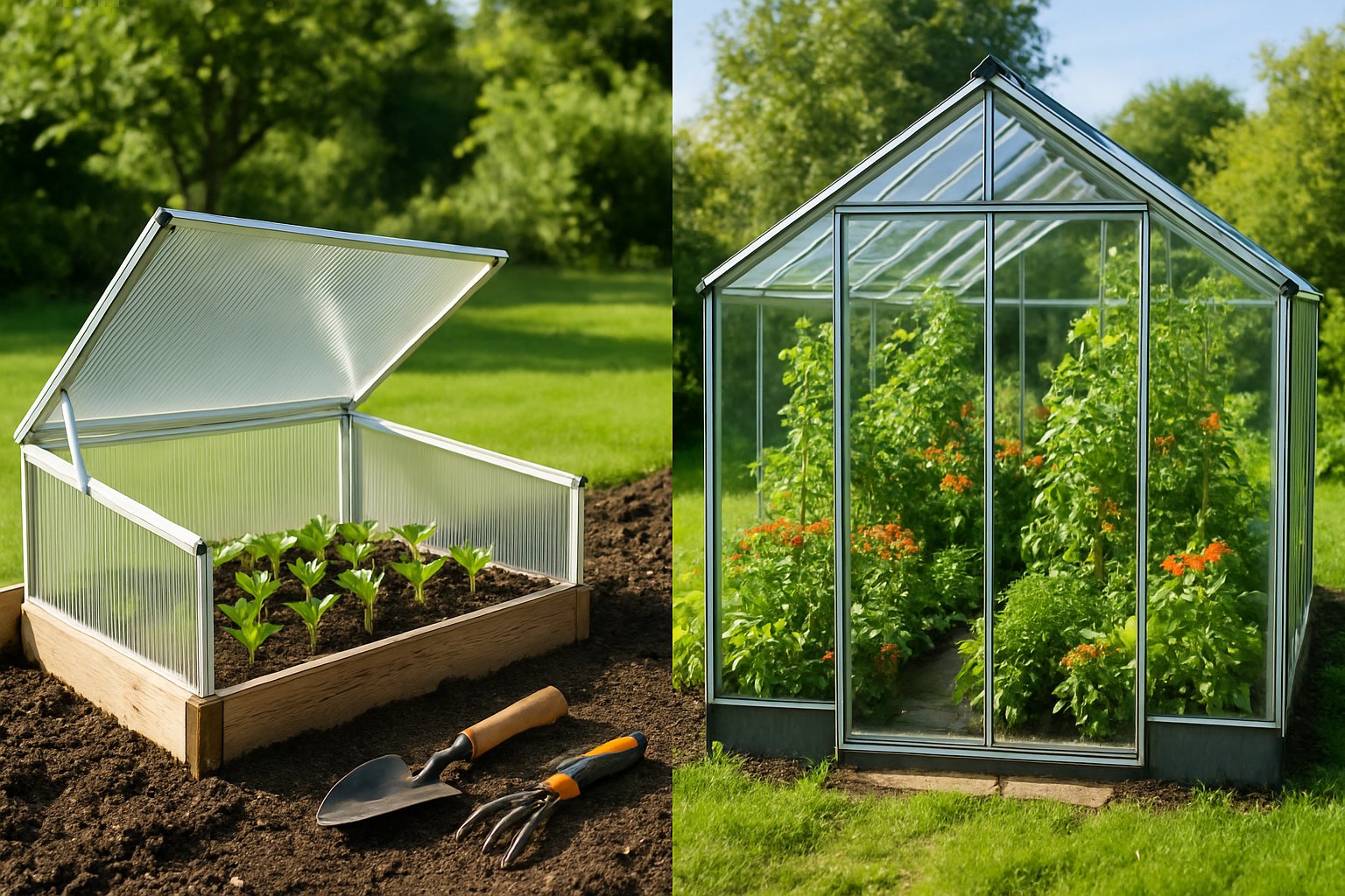 A garden scene showing a small cold frame with seedlings on the left and a larger glass greenhouse with various plants on the right under a clear sky.
