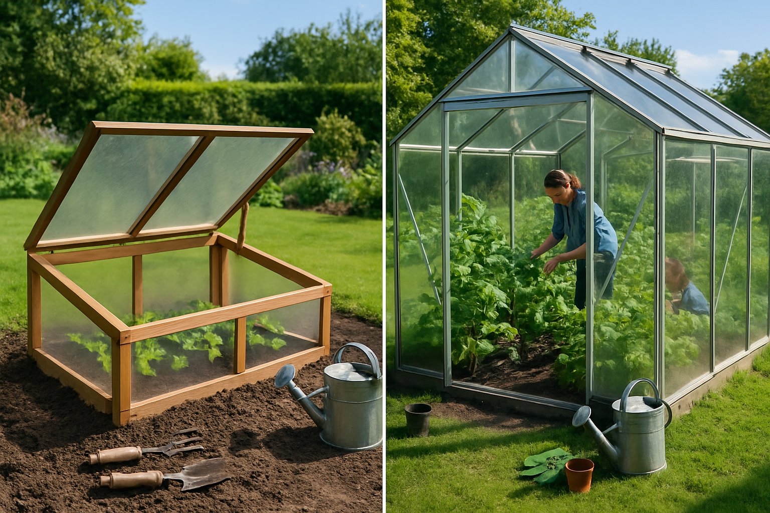 A garden scene showing a small cold frame with seedlings next to a larger greenhouse with plants and a gardener working inside.