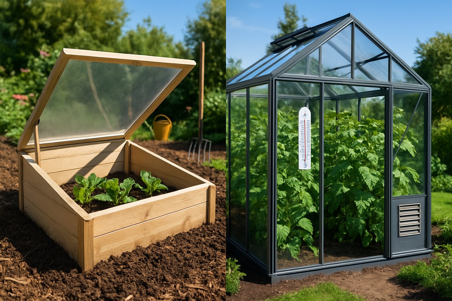 A garden scene showing a small wooden cold frame with plants next to a larger glass greenhouse filled with greenery.
