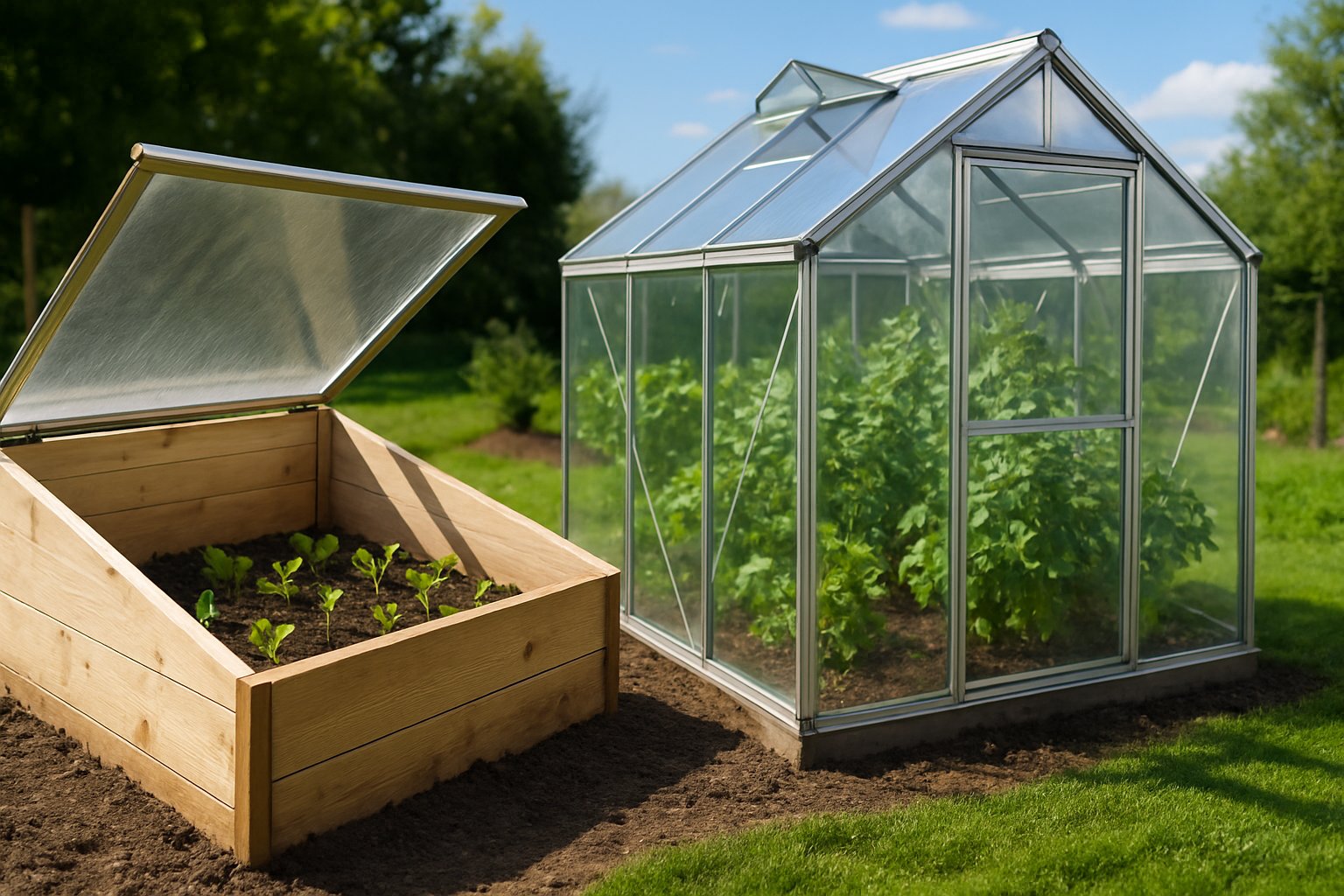 A garden scene showing a wooden cold frame with seedlings next to a glass greenhouse with plants inside under a blue sky.