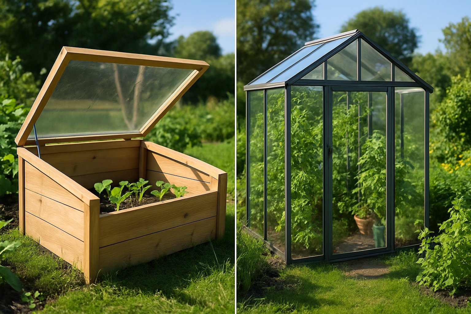 A garden scene showing a wooden cold frame with seedlings next to a glass greenhouse filled with plants on a sunny day.