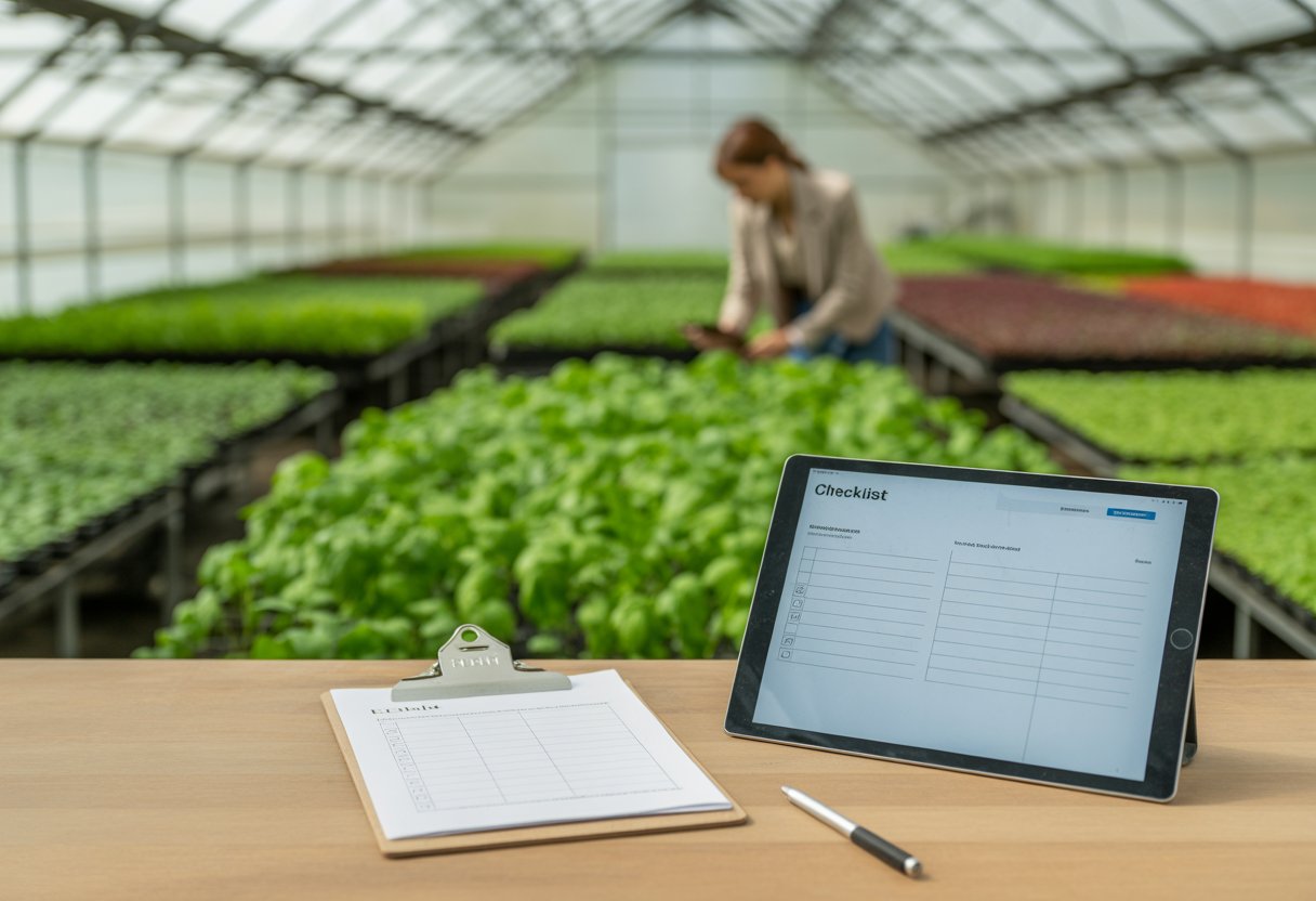 A greenhouse interior with green plants, a desk holding a clipboard and tablet, and a person inspecting plants.