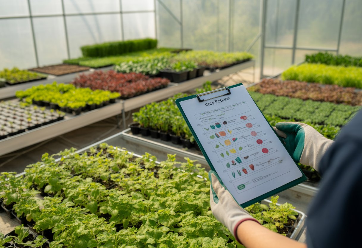 A person holding a clipboard with a crop rotation chart inside a bright greenhouse filled with rows of healthy plants.