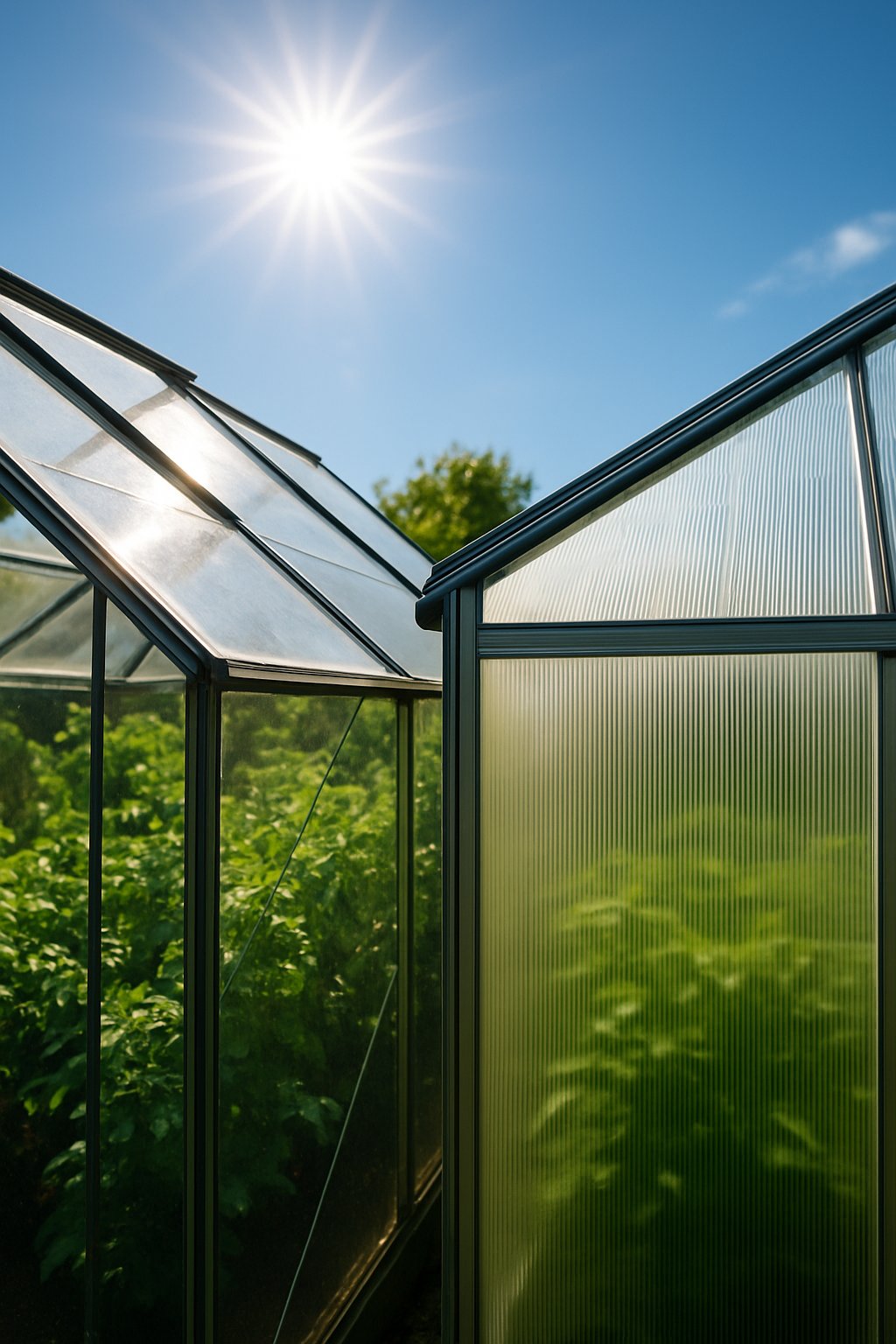 A side-by-side comparison of a glass greenhouse and a polycarbonate greenhouse under sunlight, showing plants growing inside both structures.