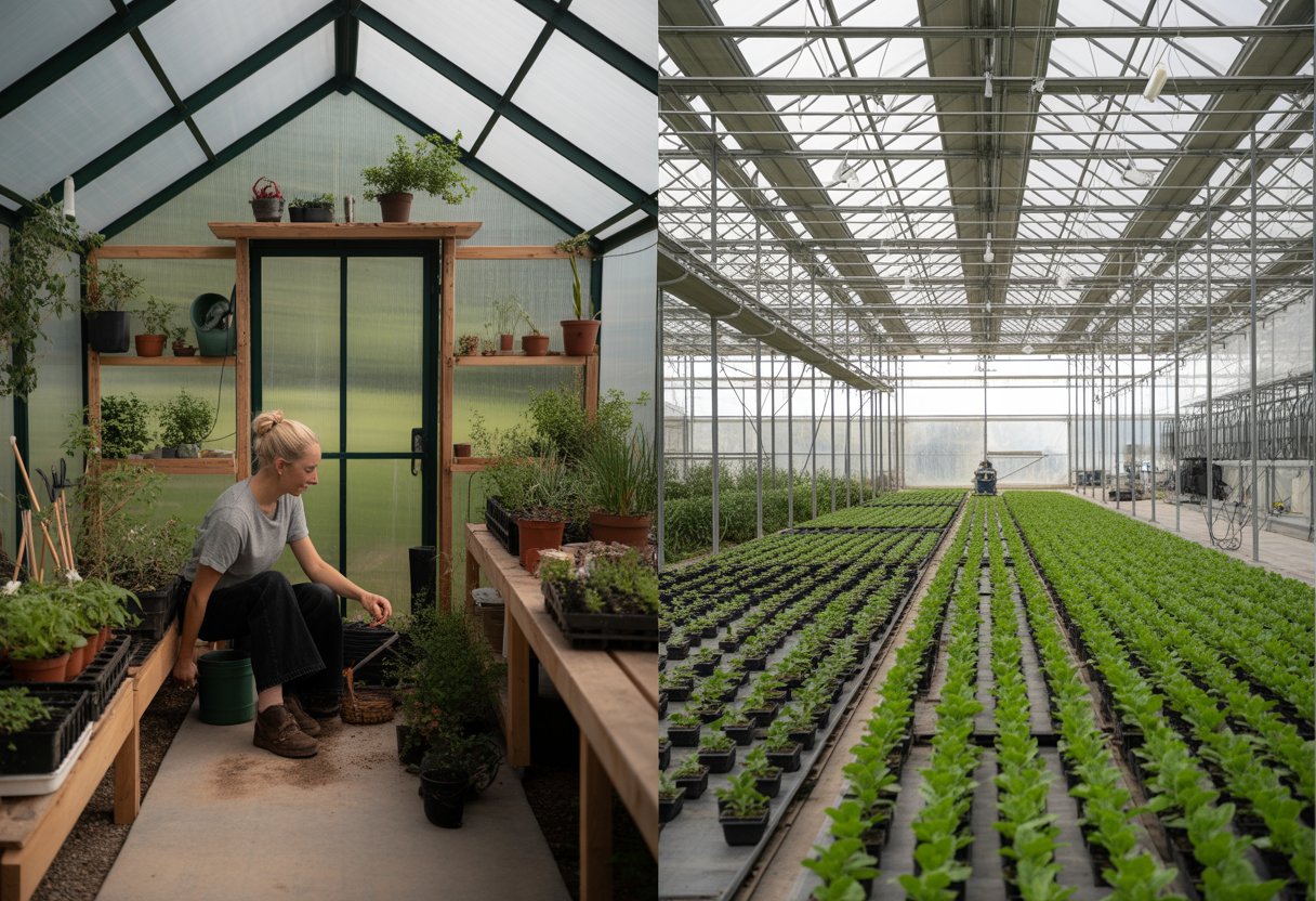 A side-by-side view of a small hobby greenhouse with a person gardening and a large commercial greenhouse with rows of plants and industrial equipment.