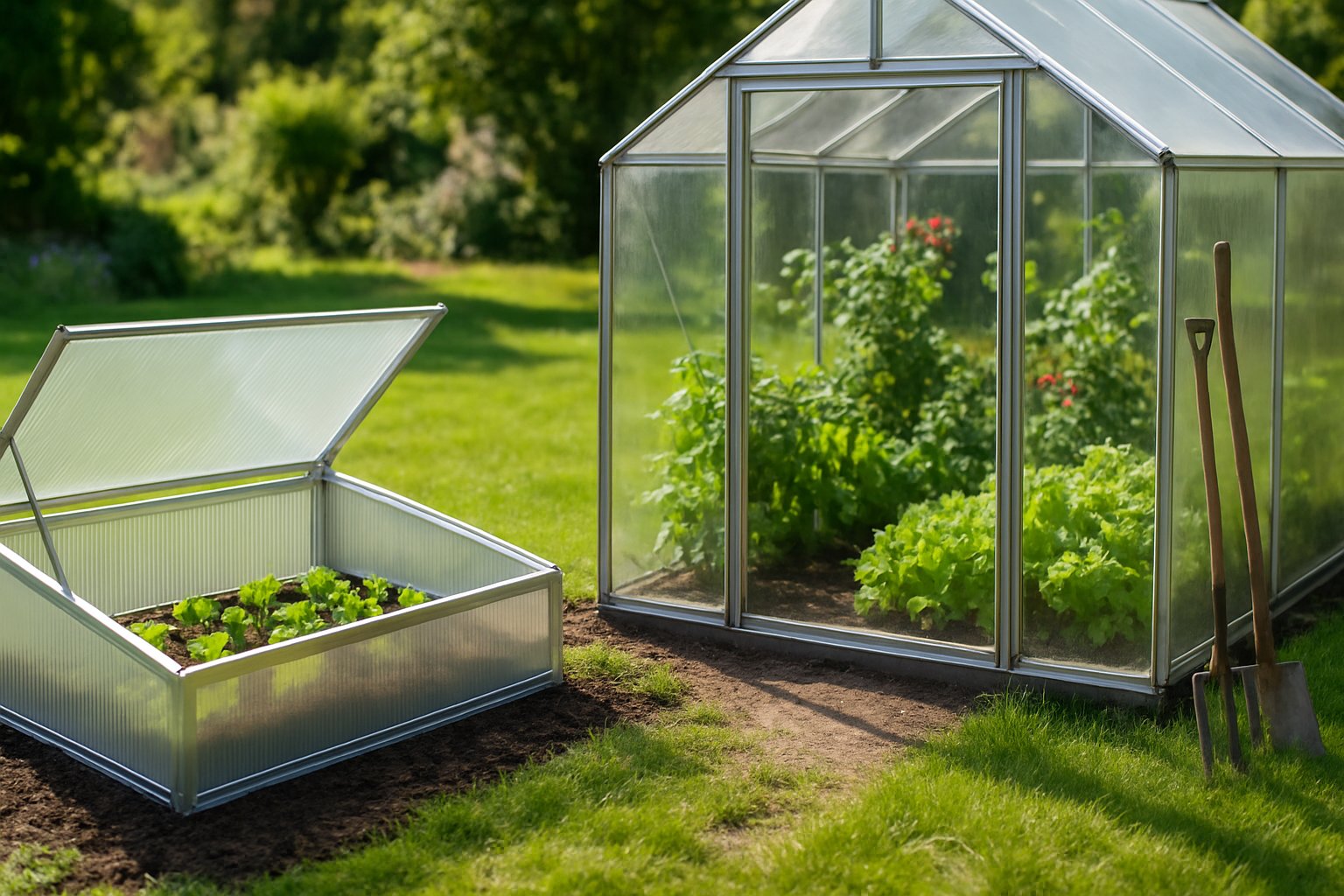 A small cold frame with seedlings next to a larger glass greenhouse with plants inside in a garden.