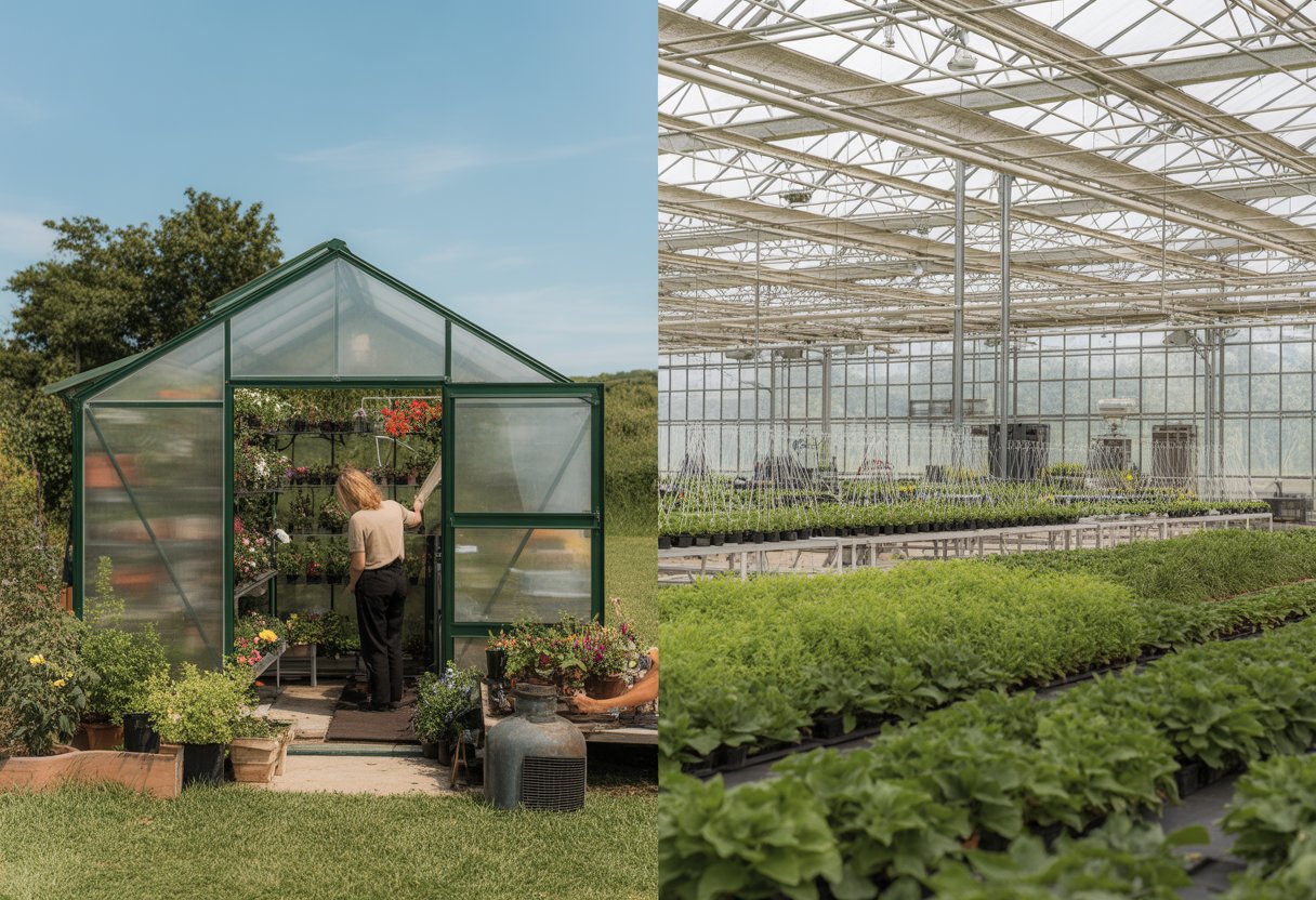 A split image showing a small hobby greenhouse with potted plants and a gardener on one side, and a large commercial greenhouse with rows of plants and industrial equipment on the other side.
