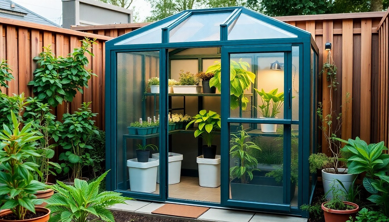 Modern vertical compact greenhouse with smart features in an urban setting