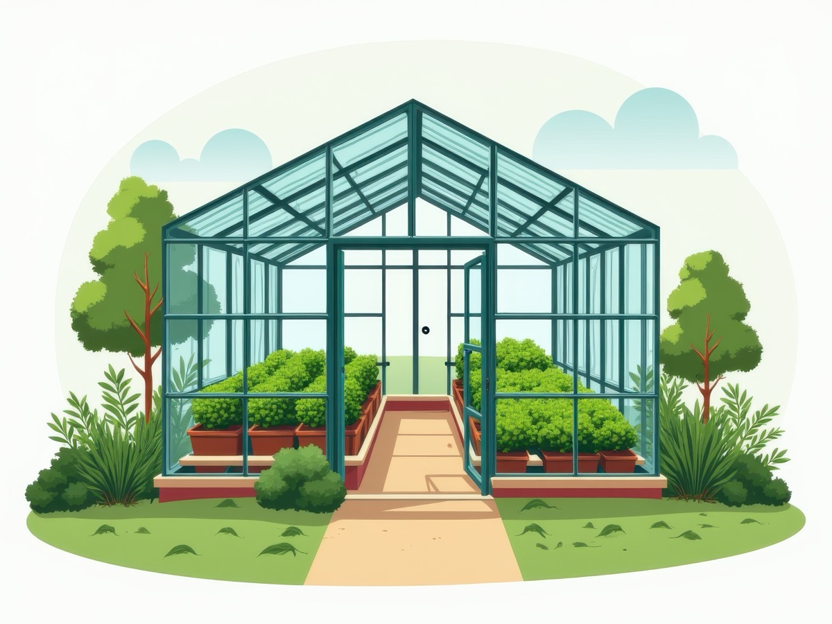 Modern glass greenhouse with crystal clear panels and professional design