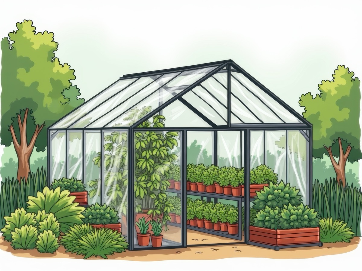 Glass greenhouse technical illustration with structural components