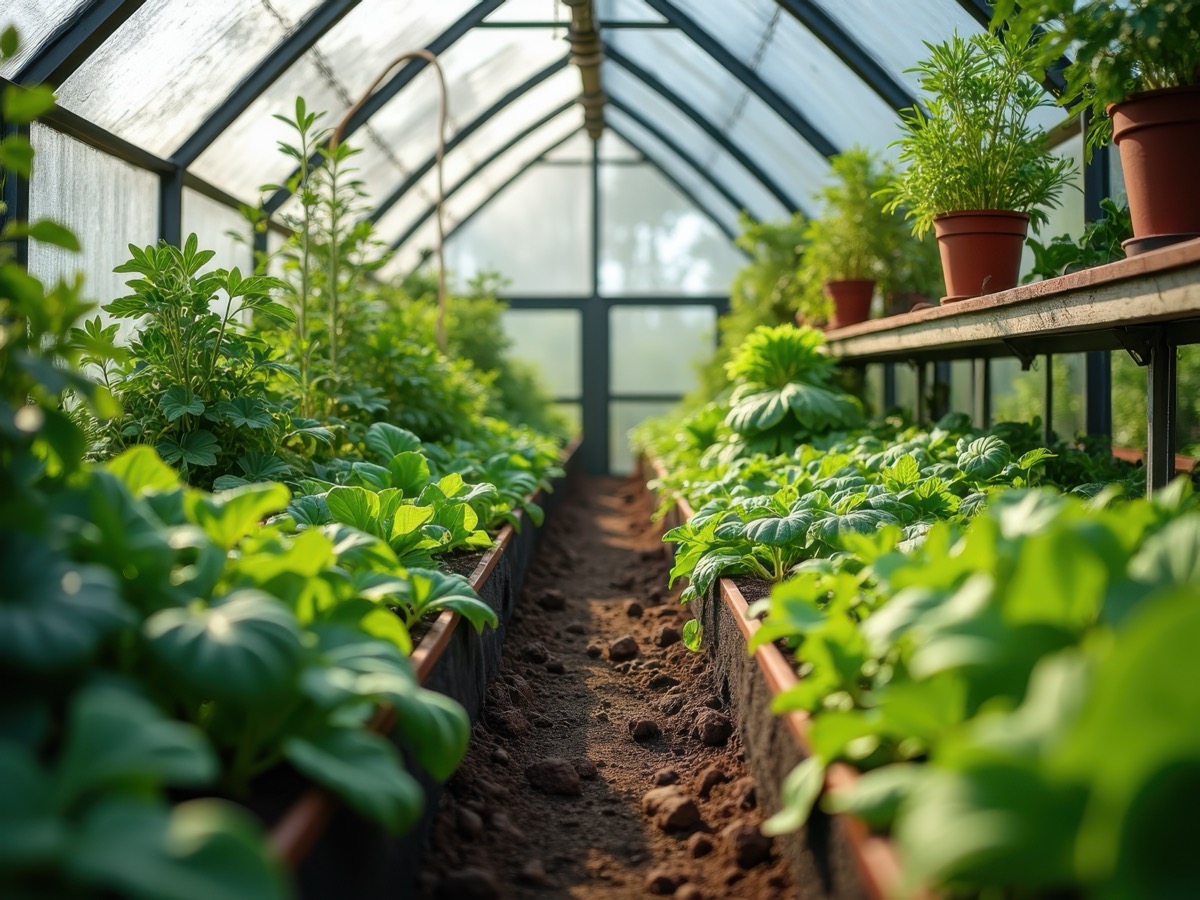 Complete greenhouse setup with growing benches and irrigation system