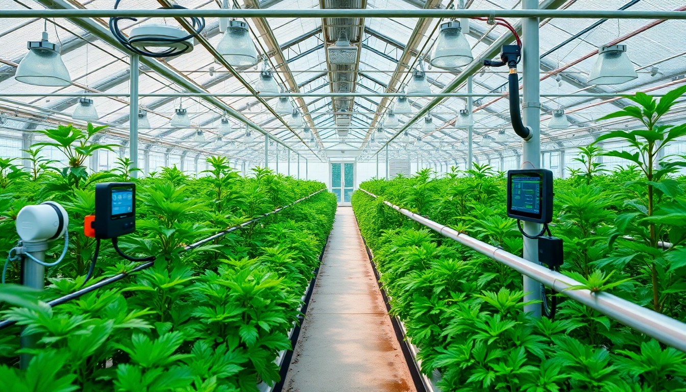 Modern greenhouse automation system with smart controls and monitoring displays