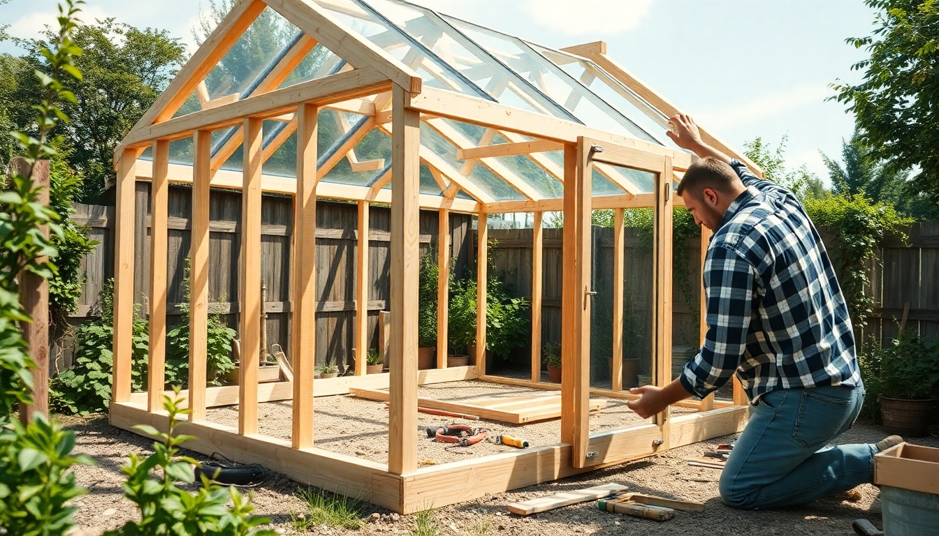 DIY greenhouse construction in progress showing frame assembly and panel installation