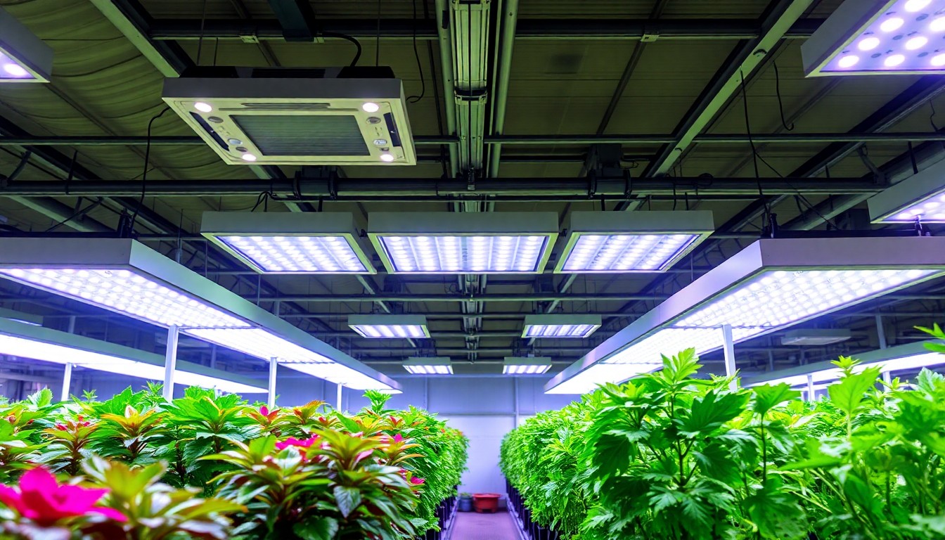 Modern greenhouse lighting system with LED grow lights and natural light optimization
