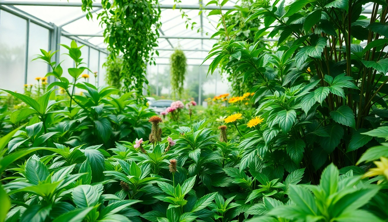 Gardener tending to plants in a well-organized greenhouse with various plant care tools visible