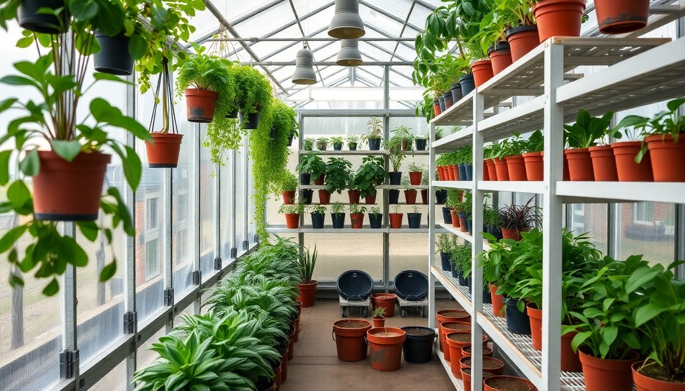 Efficiently organized greenhouse interior showing vertical growing systems and smart space utilization