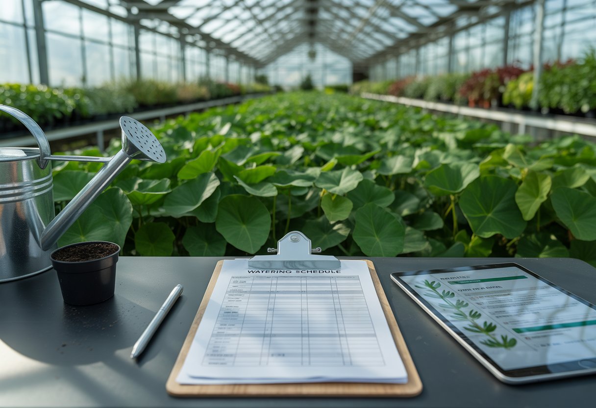 Interior of a greenhouse with rows of green plants and a workspace holding a clipboard, pen, and digital tablet for plant care.