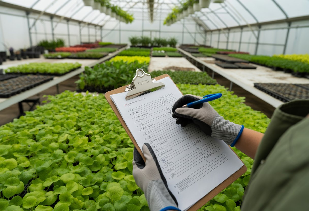 Person holding a clipboard and pen inside a greenhouse surrounded by plants and gardening supplies.