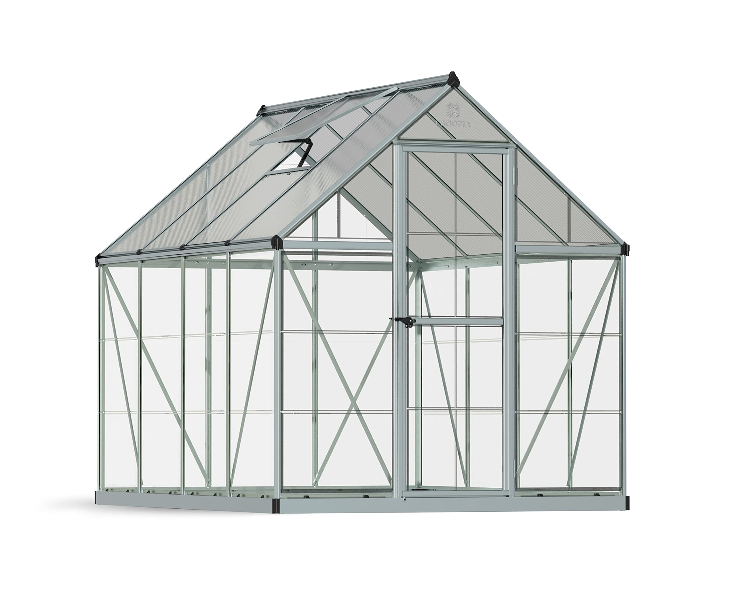 Palram Canopia Greenhouse Kit 6' x 8', Hobby Walk-In Polycarbonate Heavy Duty Aluminum Frame Lockable Door and Vent Hybrid (Silver)