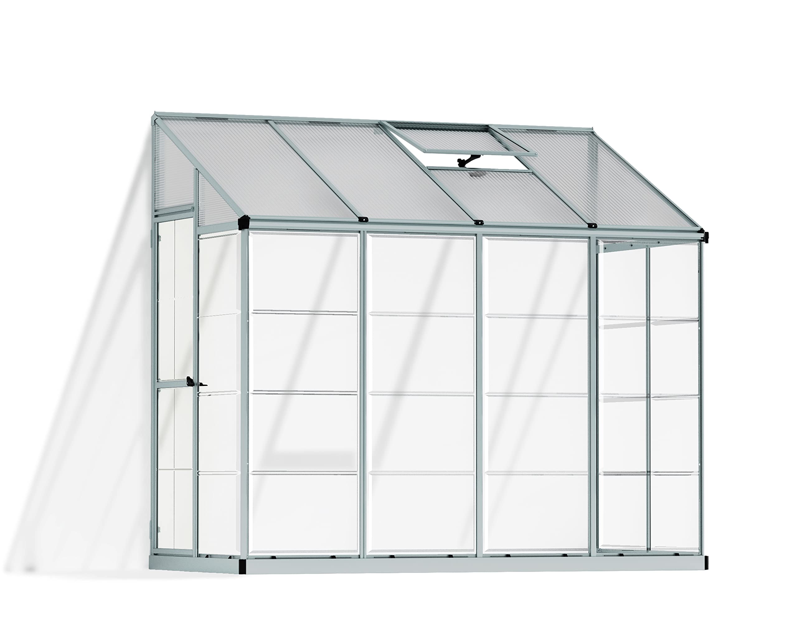 Palram Canopia Greenhouse Kit 4' x 8' Hobby Lean-To Polycarbonate Heavy Duty Aluminum Frame Hybrid (Silver)