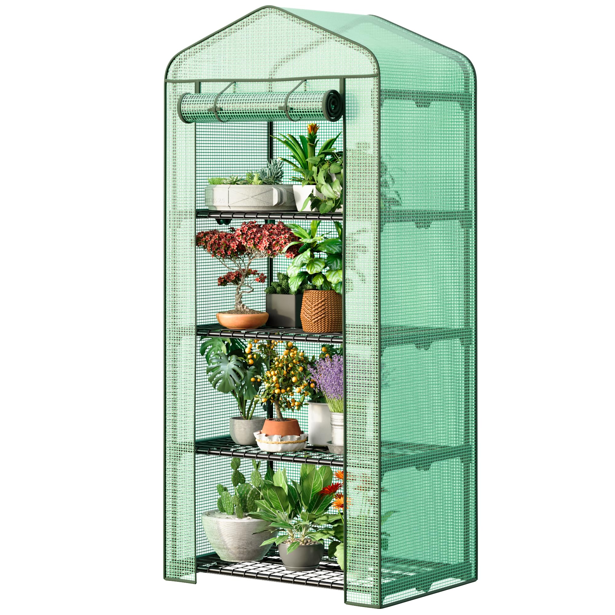 HOMGARDEN 4-Tier Mini Greenhouse Portable Plant Flower Shelf Tent w/PE Cover Roll-Up Zipper Door for Lawn Patio Garden Indoor Outdoors
