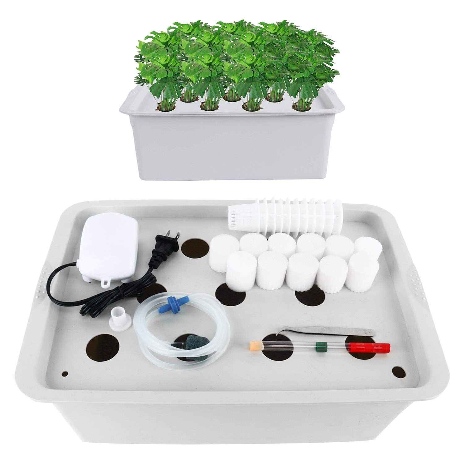Indoor Hydroponic Grow Kit with Bubble Stone, 11 Sites (Holes) Bucket, Air Pump, Sponges - Best Indoor Herb Garden - Grow Fast at Home