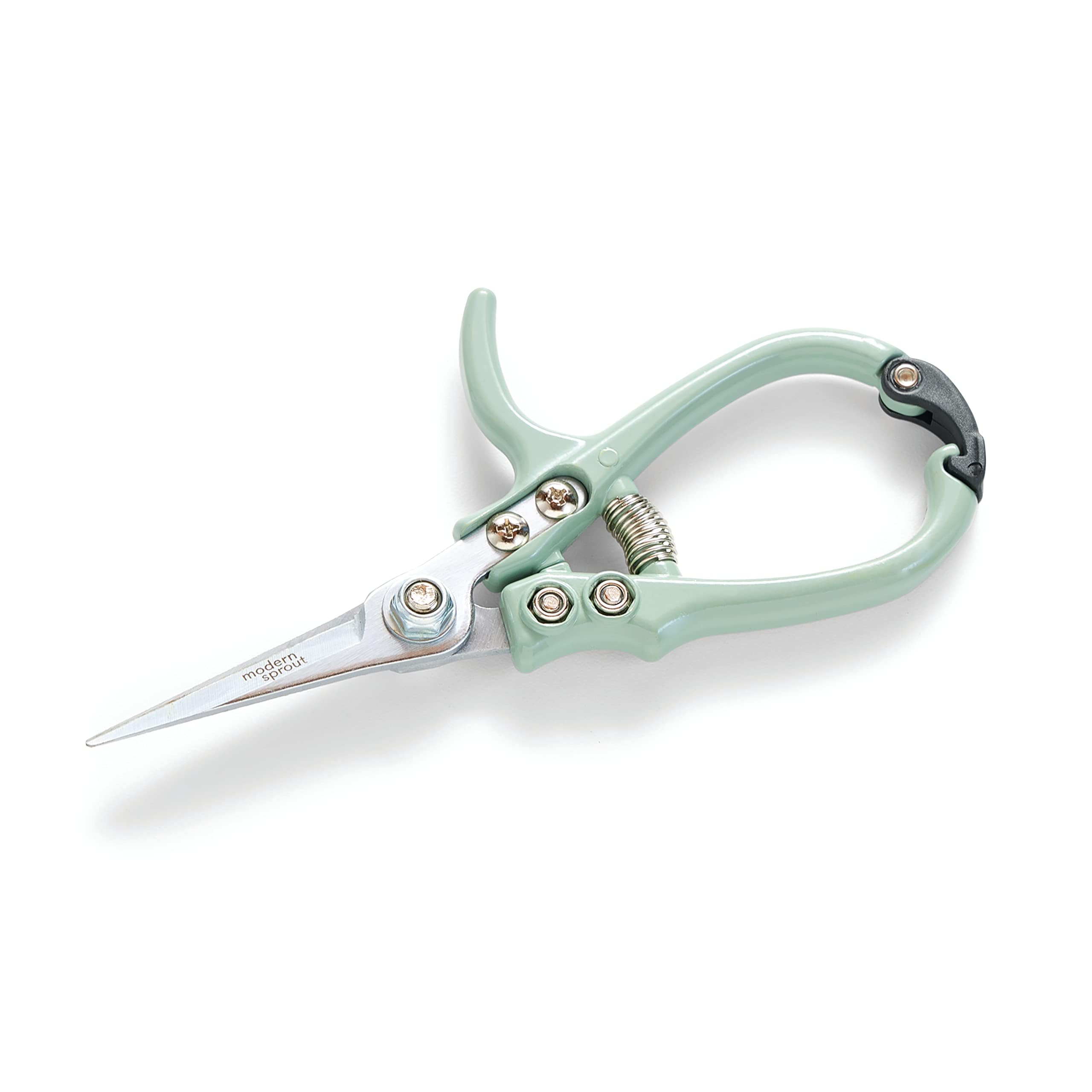Modern Sprout Pruning Shears for Gardening, Herb Snips, Flower Cutting Scissors, Indoor Plant Shears, Lightweight, Ergonomic, Carbon Steel Blade, Easy-Lock Safety-Catch, Aesthetic, Green, Micro-tip
