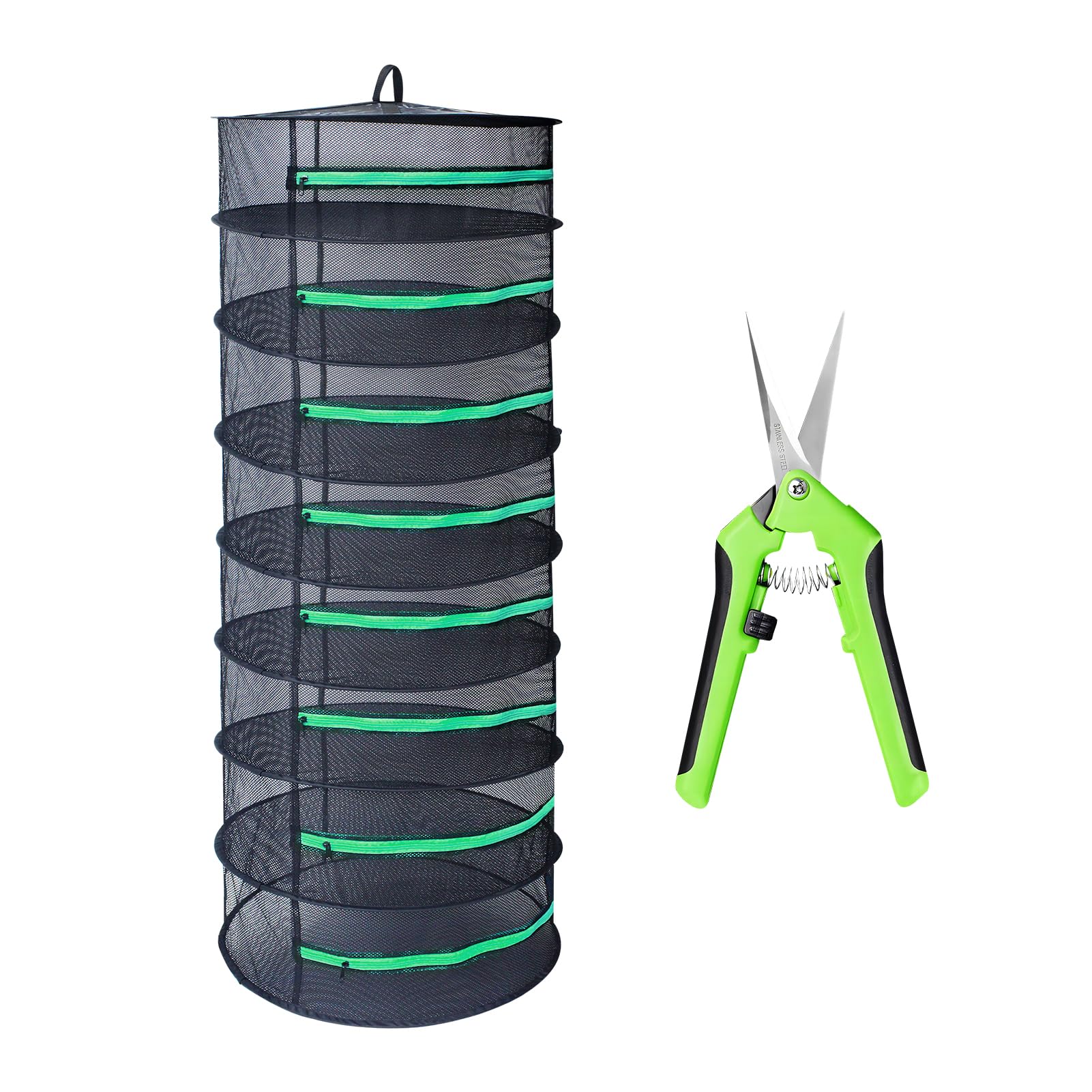 Growsun Herb Drying Rack 8 Layer 2ft Diameter Plant Hanging Mesh Dry Net w/Green Zipper, Free Garden Pruning Shears