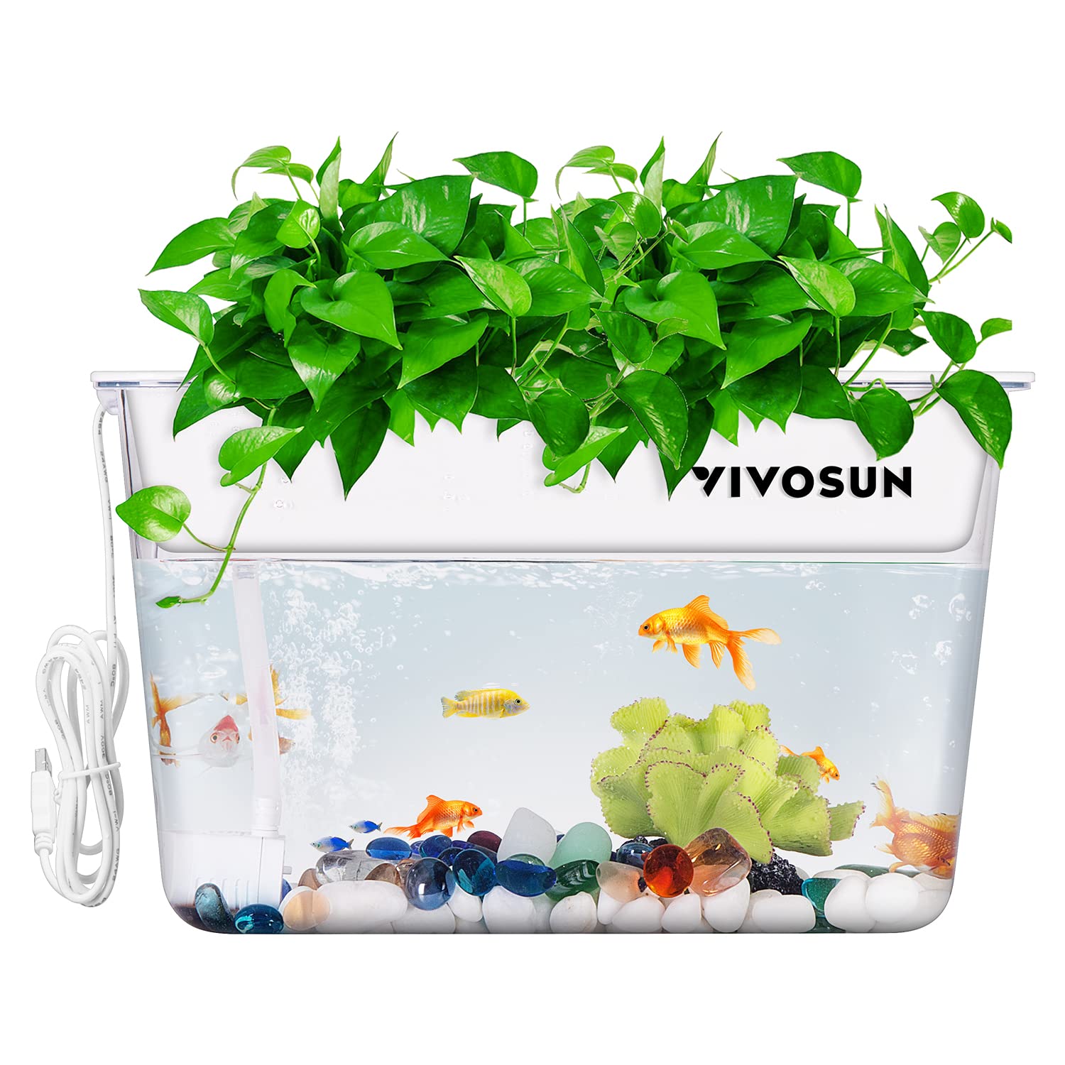 VIVOSUN 3-Gallon Aquaponic Fish Tank, Hydroponic Cleaning Tank for Freshwater Fish to Feed Plants and Plants Clean Tank, Additional Thermostat, Flow Pump, and Ceramsite Included
