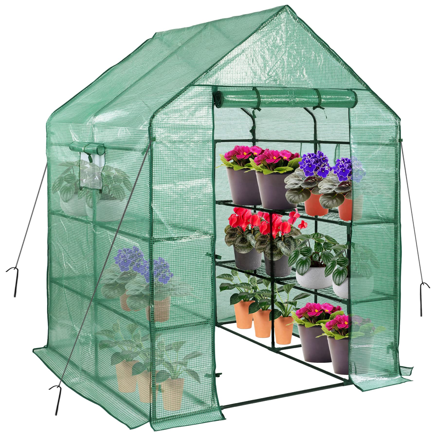 Greenhouses for Outdoors, PE Walk in Greenhouse with 2 Side Mesh Windows, Portable Green House with Anchors & Ropes Stands Up to Wind, 56"x56"x78"Green