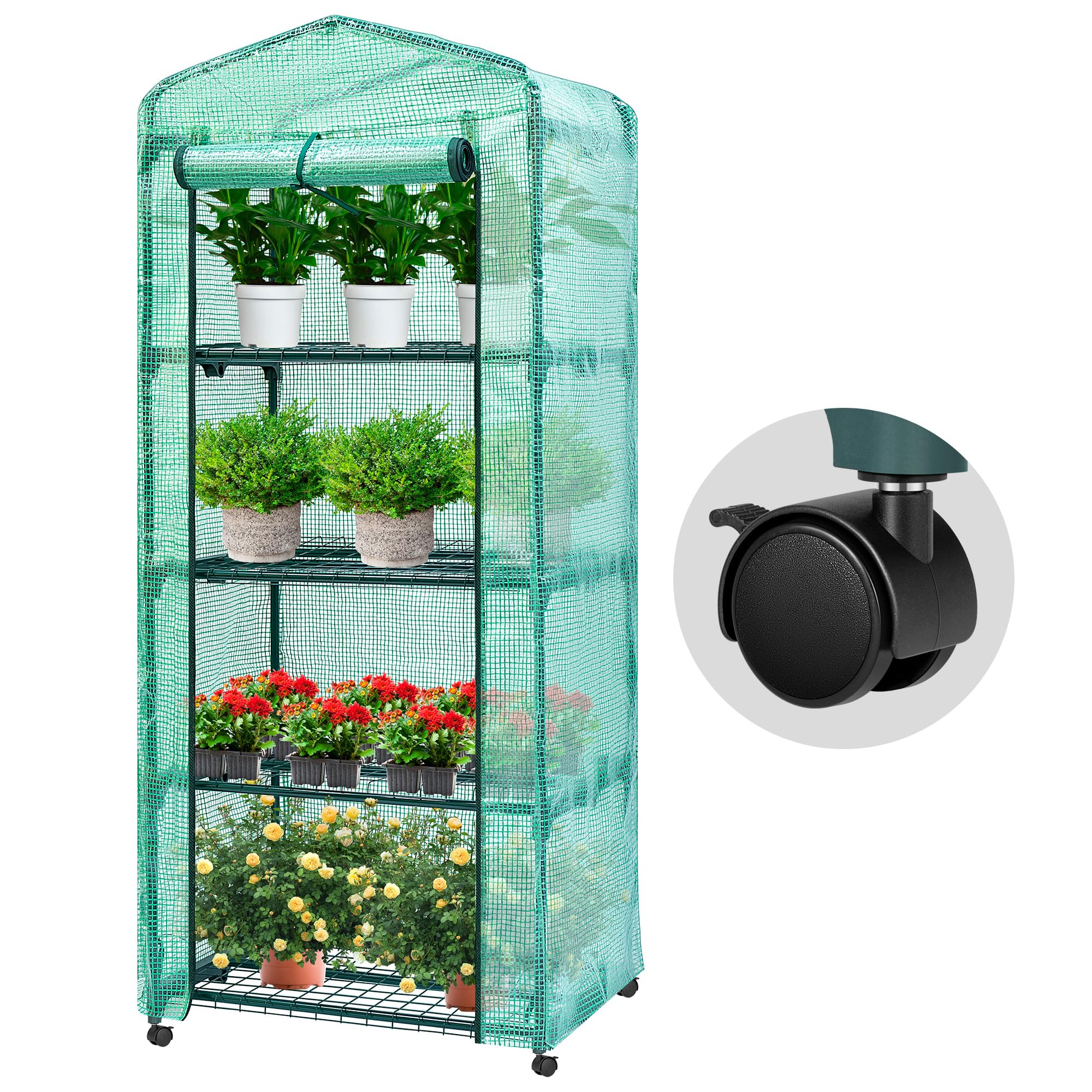 VIVOSUN Mini 4-Tier Greenhouse with Wheels, 27 x 19 x 63-Inch Reusable Portable Warm House with Green PE Cover and Shelf for Compact Garden and Small Backyards, with Wheels