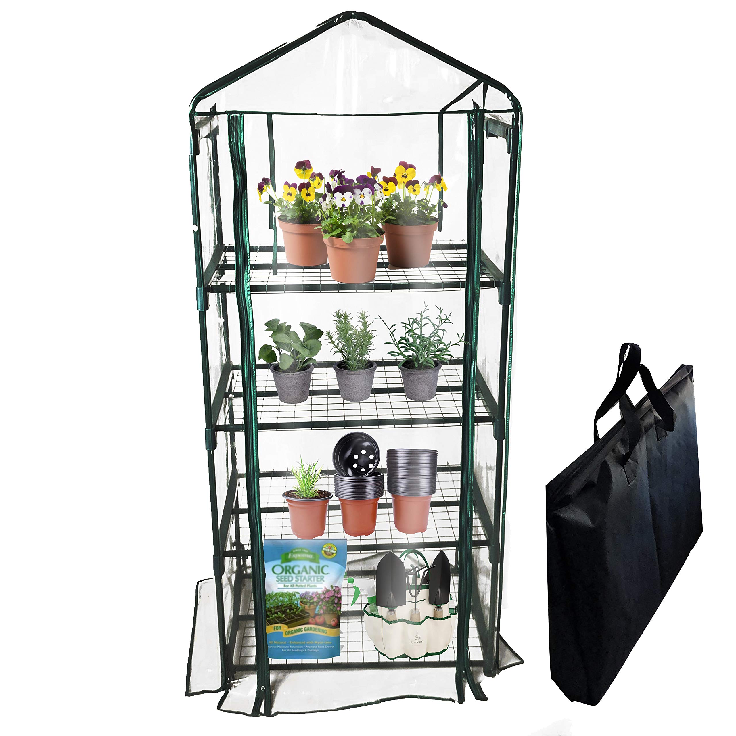 BACKYARD EXPRESSIONS PATIO · HOME · GARDEN 911217 Mini Greenhouse 4-Tier Growing Rack, Portable Carry/Storage Bag, Dark Green