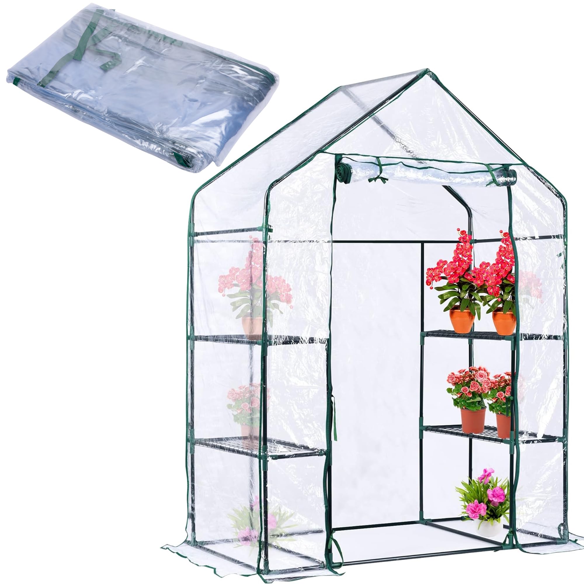Walk in Greenhouse Replacement Cover with Roll-Up Zipper Door- 28"x56"x76" PVC Plant Gardening Greenhouse Cover for Gardening Plants Cold Frost Protection Wind Rain Proof (No Frames Include)