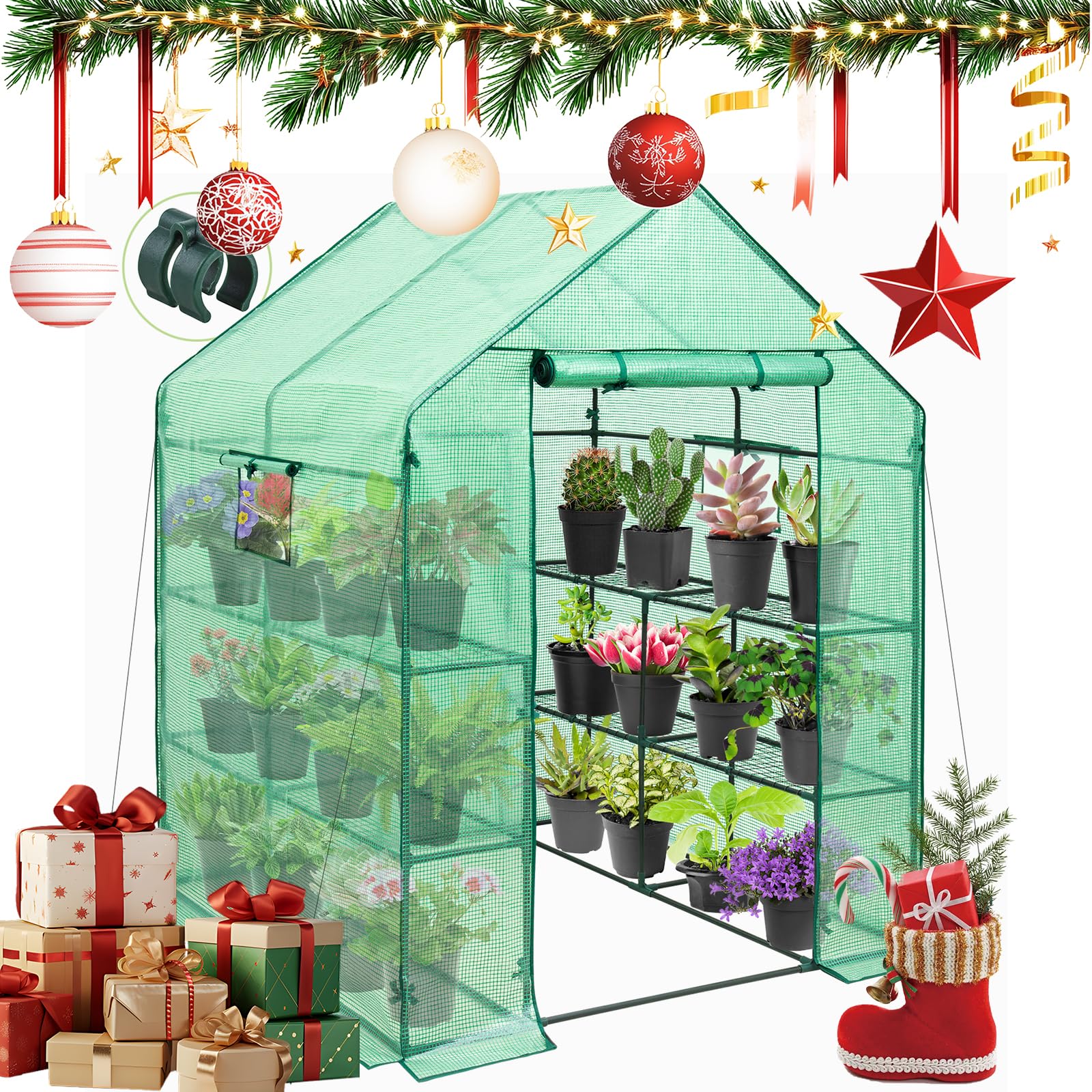 EAGLE PEAK Walk in 3-Tier Greenhouse with Wire Shelves, Portable Indoor and Outdoor Green House with Roll-Up Zippered Door & 2 Roll Up Windows, 8 Shelves, 56"x56"x77", Clear/Green PE Cover