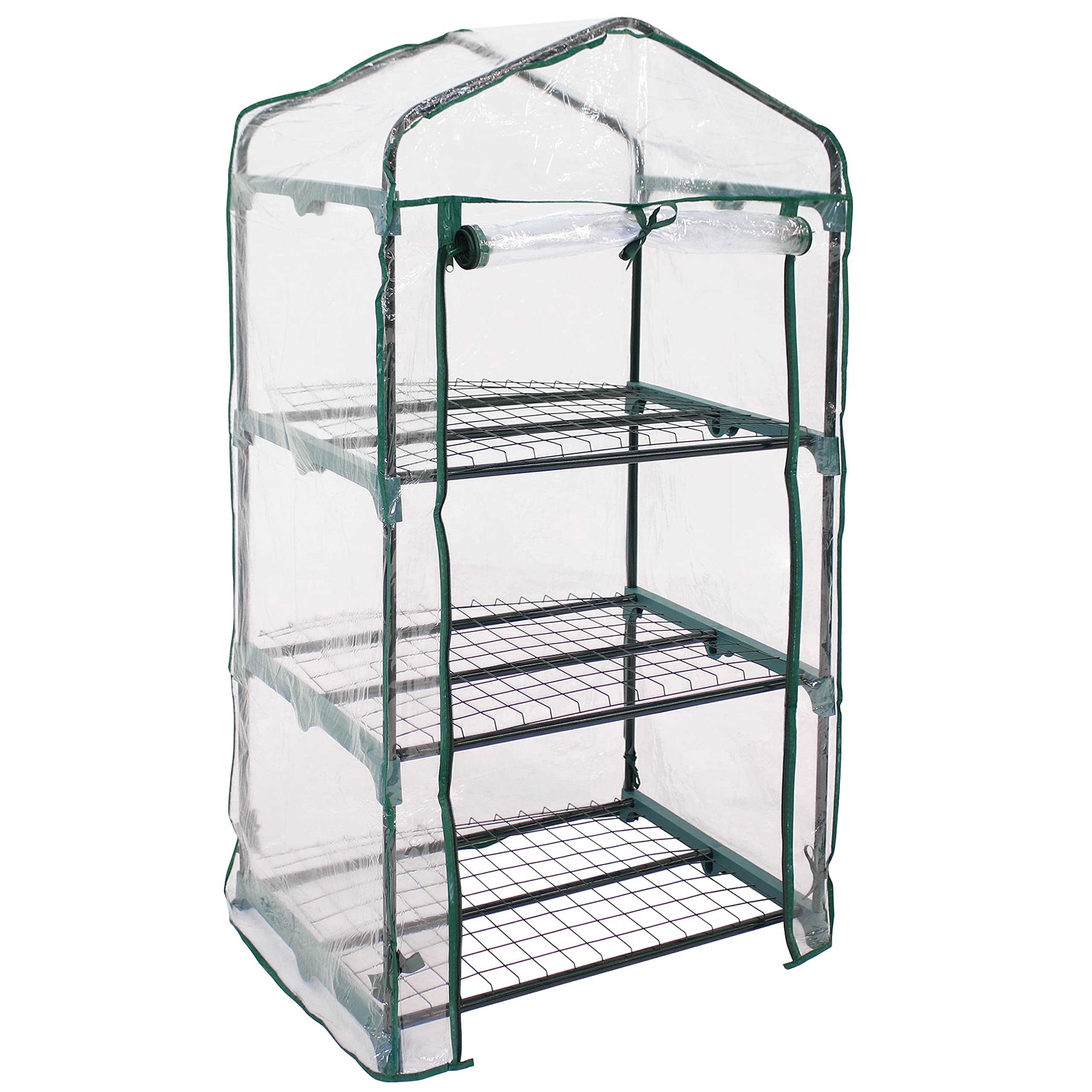 Sunnydaze Outdoor Portable 3-Tier Mini Greenhouse with Roll-up Zippered Door and Steel Wire Shelves - Clear