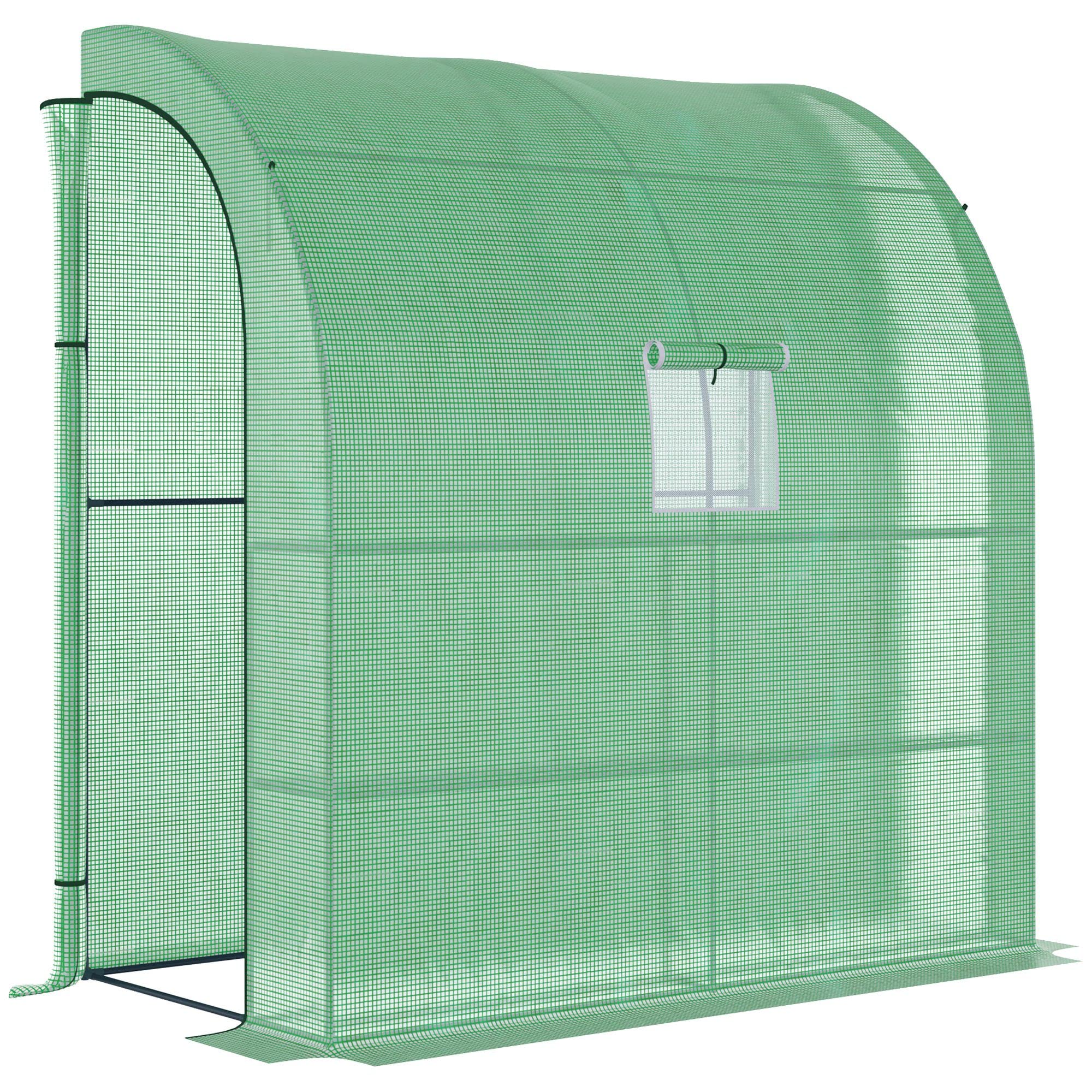 Outsunny 7' x 3' x 7' Lean to Greenhouse, Walk-in Green House, Plant Nursery with 2 Roll-up Doors and Windows, PE Cover and 3 Wire Shelves, Green