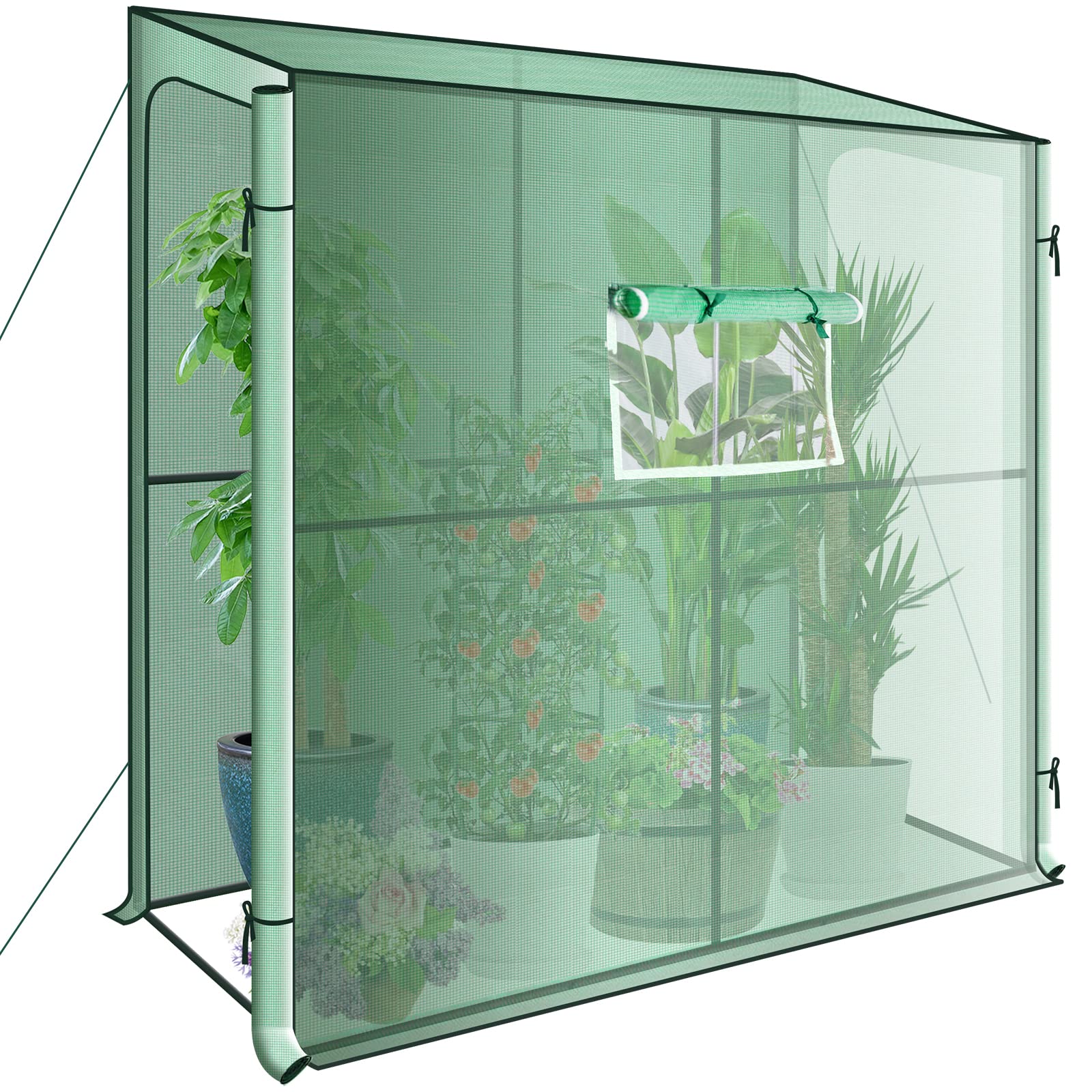Solution4Patio Lean to Wall Mini Walk-in Greenhouse, Invernadero de jardín, Rely on Fence Greenhouse, 6.5' W x 2.6' D x 6.6' H, Double Zipper Entry Doors, Thick PE Grid Cover, Heavy Duty Frame