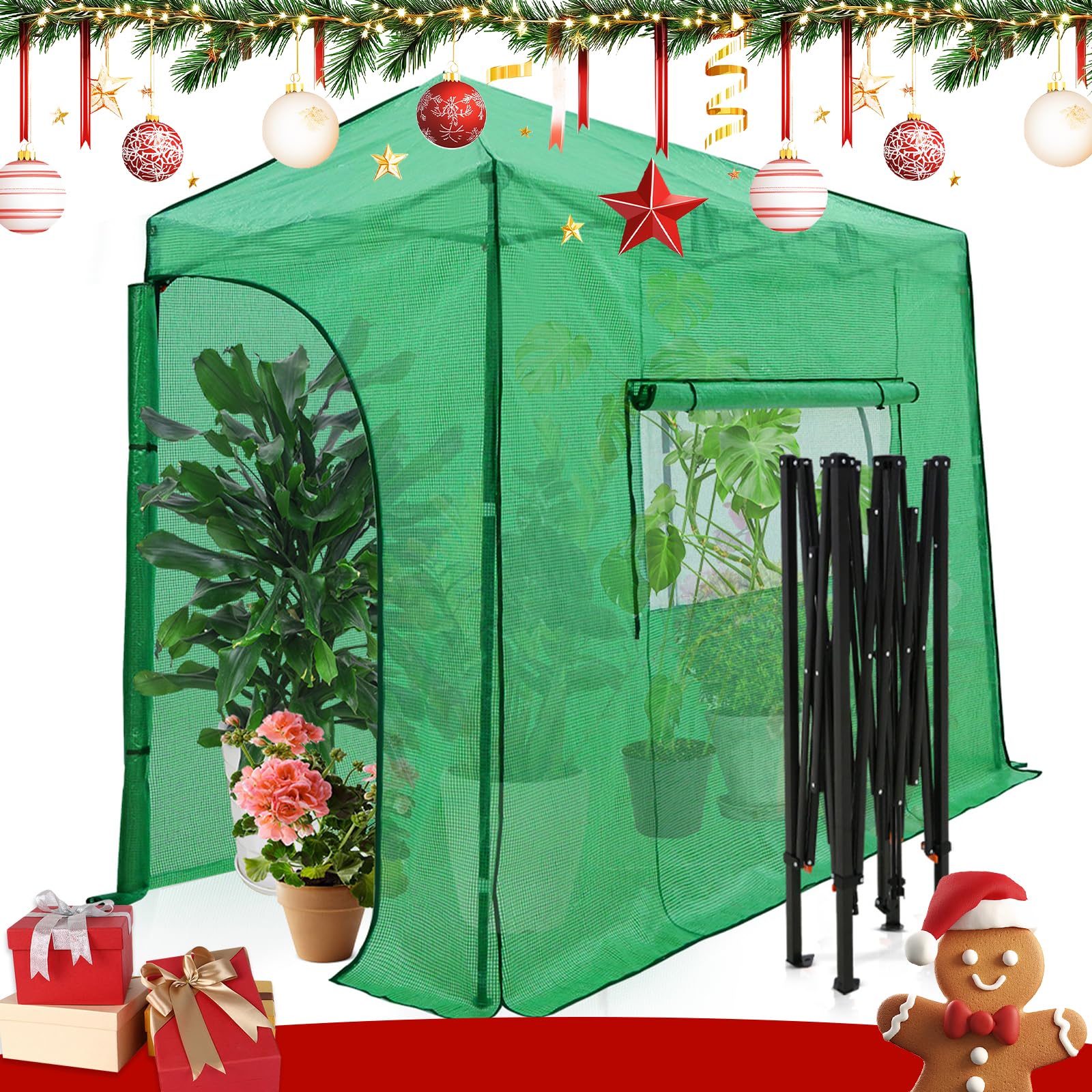 EAGLE PEAK 10x5 Lean-to Portable Walk-in Greenhouse, Pop-up Indoor Outdoor Garden Green House, Zippered Doors and Window, PE Cover, Green