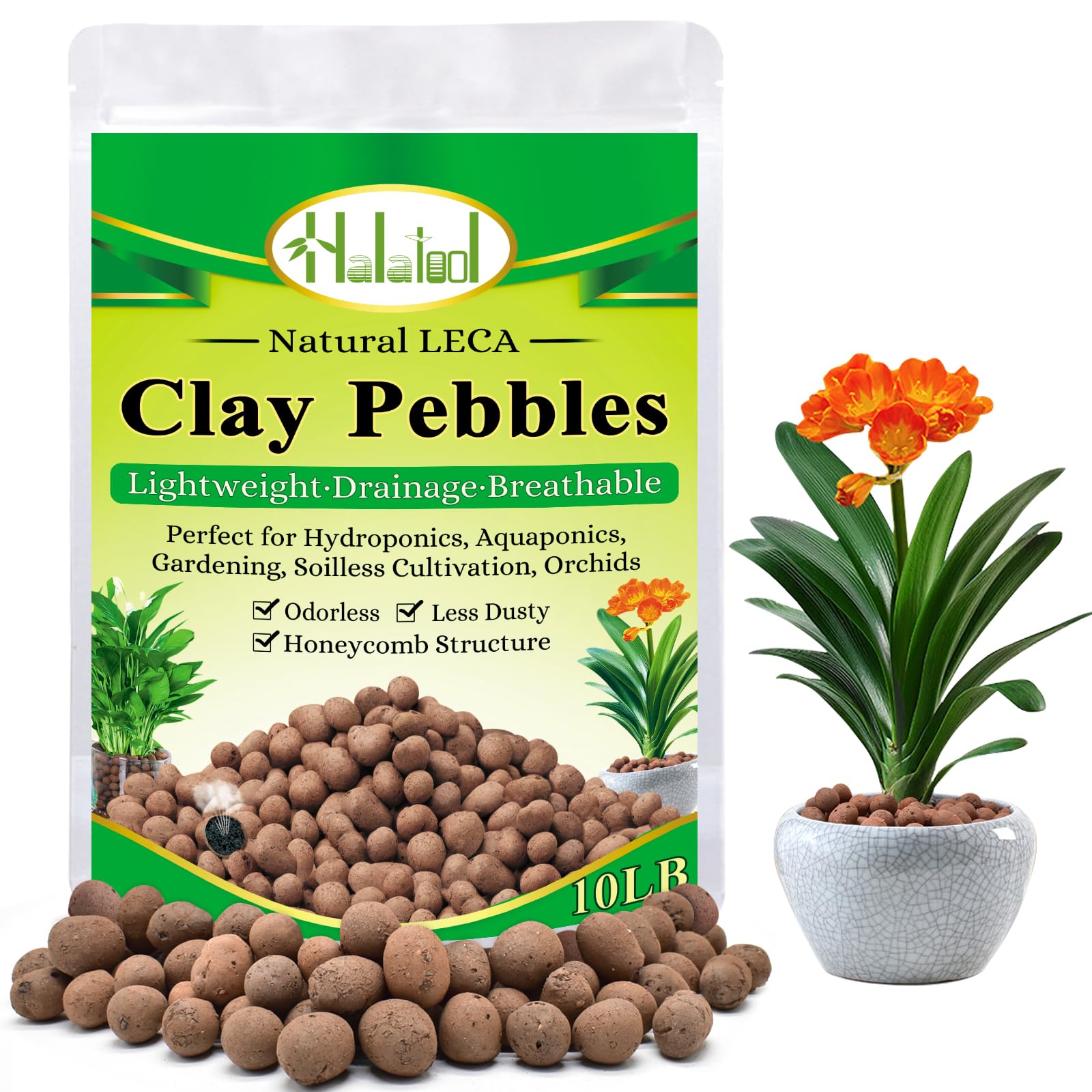 Halatool 10 LB Leca Clay Pebbles for Plants 4mm-16mm Clay Balls 100% Natural Hydroton Leca Balls for Indoor Plants Hydroponic Growing Gardening Orchids Drainage Decoration Aquaponics