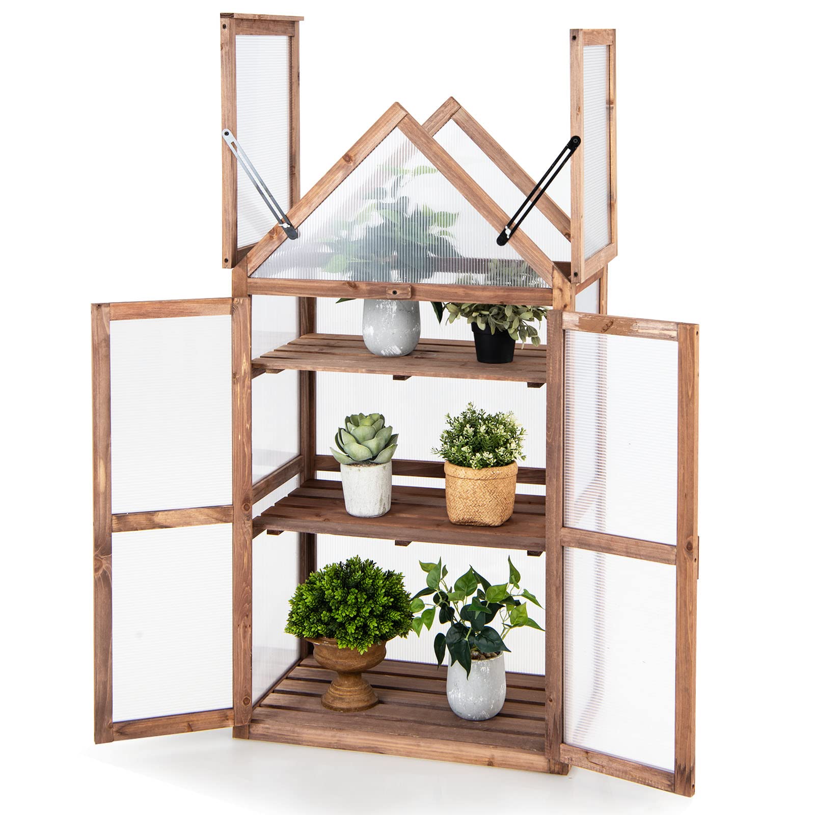 Giantex 3-Tier Garden Cold Frame, Portable Wooden Mini Greenhouse Storage Shelves, Transparent Flip-Top Roof, Indoor & Outdoor Raised Flower Planter for Garden, Patio, Balcony