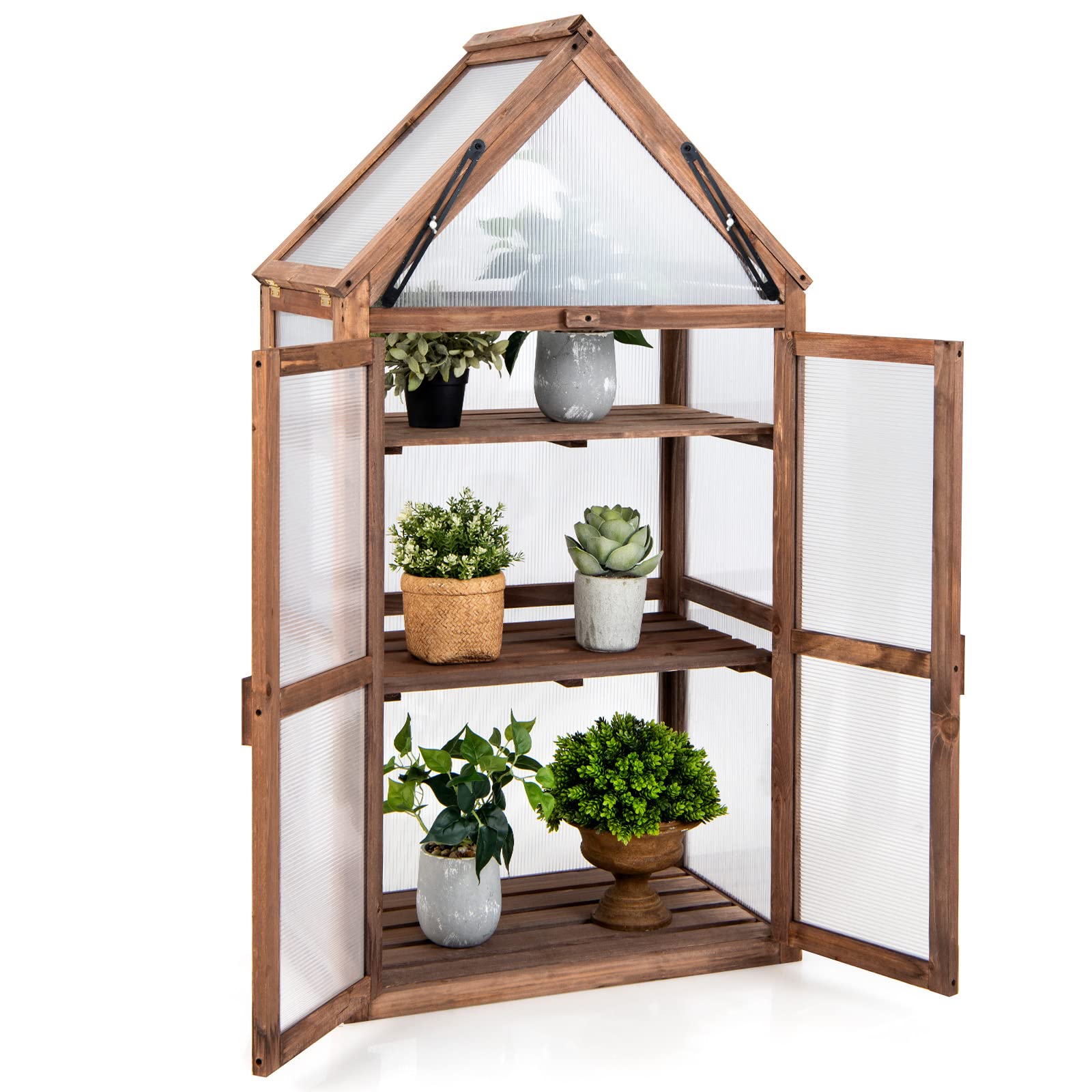 Happygrill Cold Frame Greenhouse, Mini Wooden Greenhouse Raised Flower Planter Shelf w/Transparent Openable Roof, Double Doors & 3 Tier Shelves, Small Greenhouse for Indoor Outdoor Garden Yard Balcony