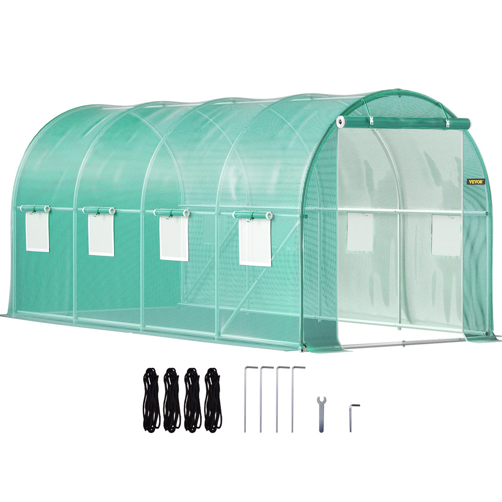 VEVOR Walk-in Tunnel Greenhouse, 14.8 x 6.6 x 6.6 ft Portable Plant Hot House w/ Zippered Door, 8 Roll-up Windows, Galvanized Steel Hoops, 1 Top Beam, and 2 Diagonal Poles, Green