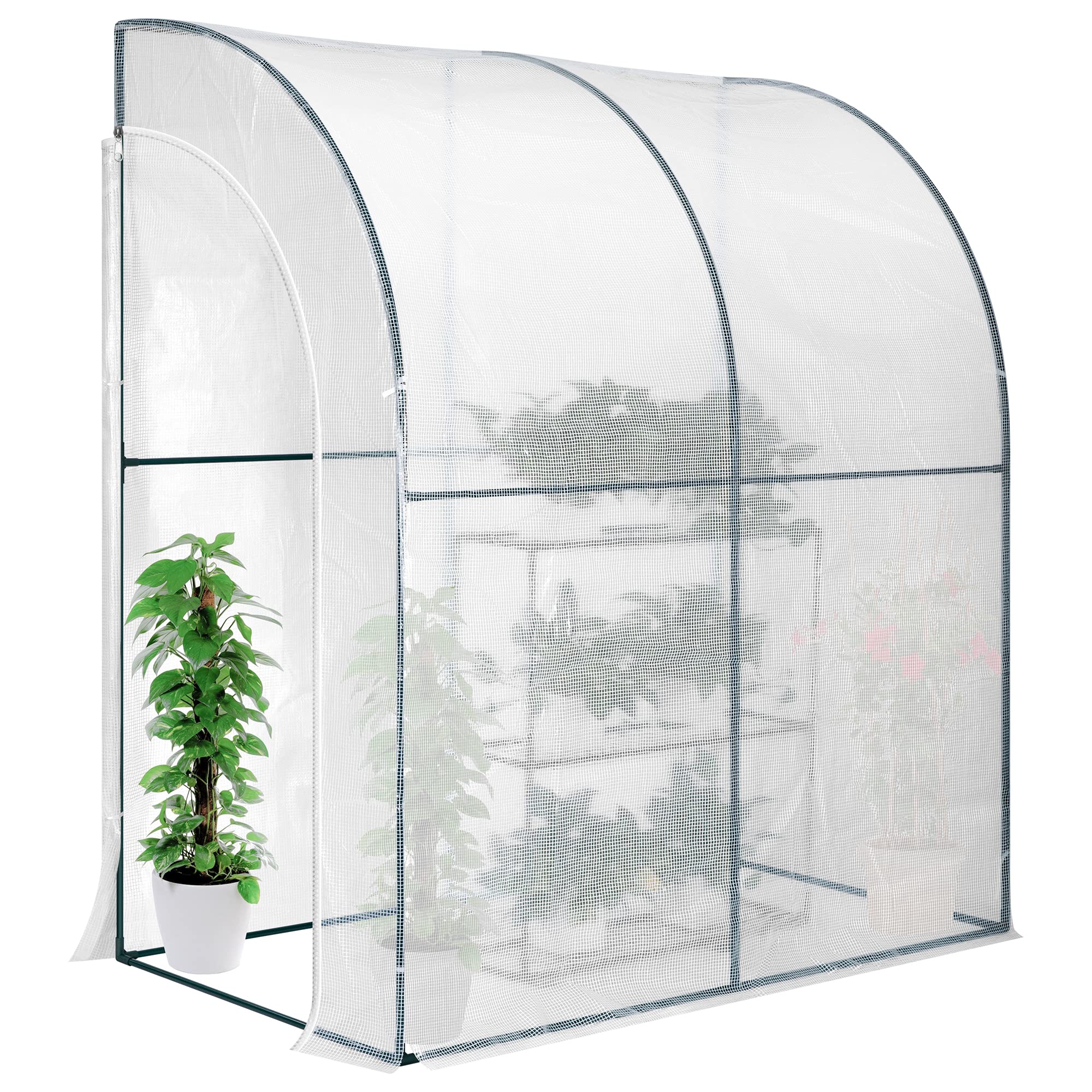 VIVOSUN Mini Lean-to Greenhouse, 6.6’ x 3.3’ x 6.9’ Portable Wall House with White PE Cover and Shelf for Compact Garden 79x39x83-Inch