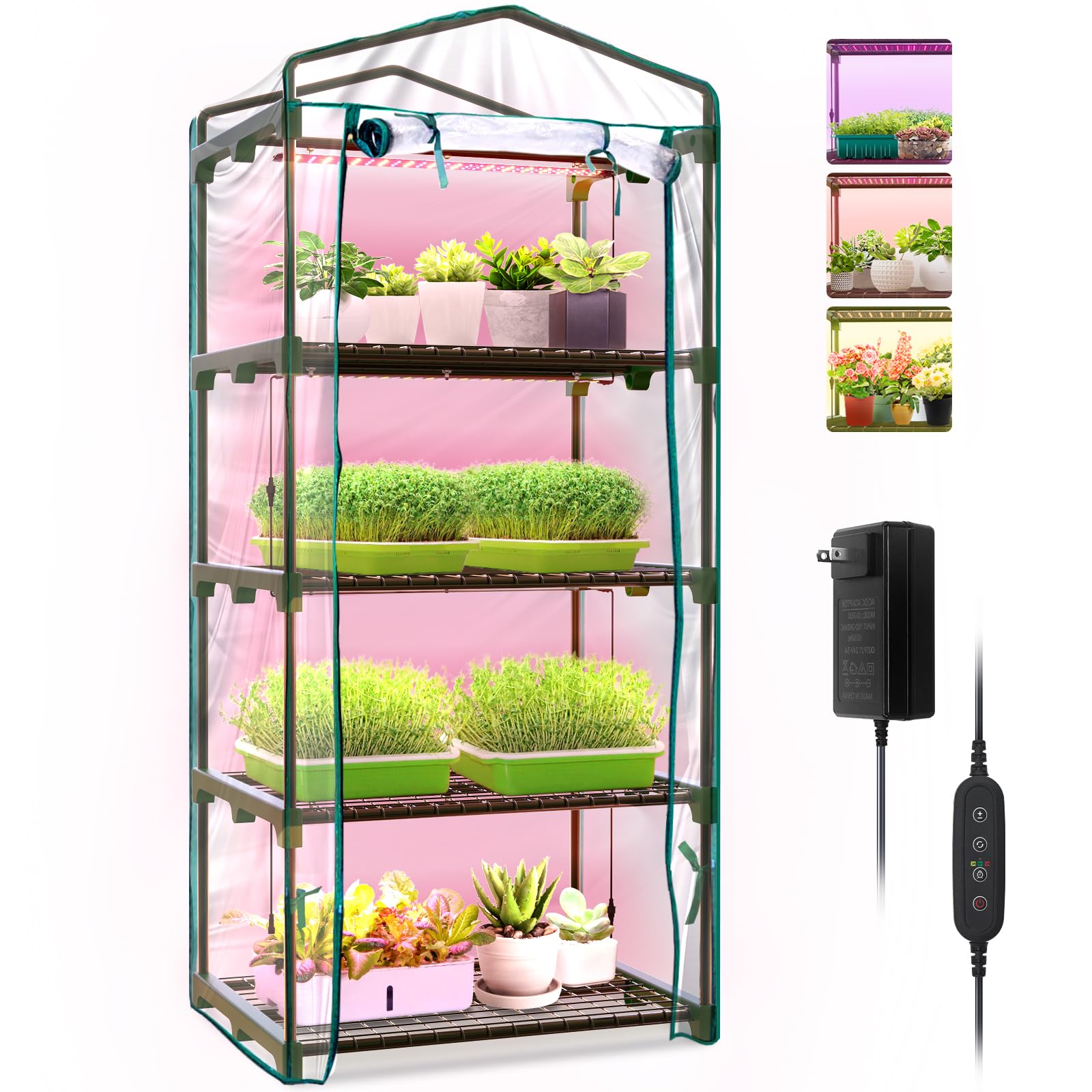 Indoor Greenhouse with Grow Lights, 4 Tier 27.2" L×19.9" W×61.8" H Mini Greenhouse with Zippered PVC Cover for Seed Starting Trays, Dimmable 2FT 60W Plant Light for Indoor Plants with Timer
