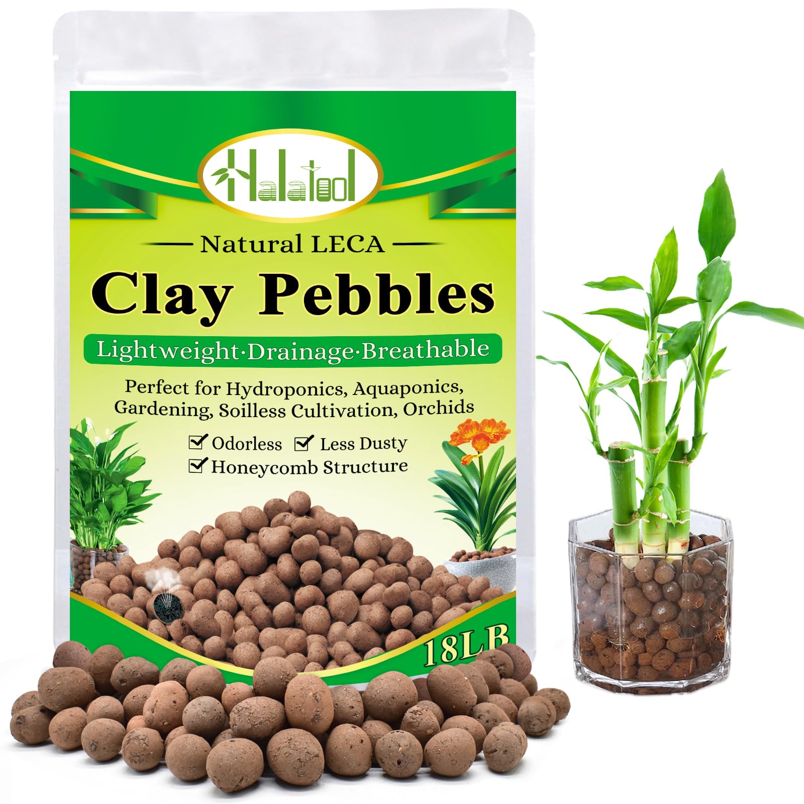 Halatool 18 LB Leca Clay Pebbles for Plants 4mm-16mm Clay Balls 100% Natural Hydroton Leca Balls for Indoor Plants Hydroponic Growing Gardening Orchids Drainage Decoration Aquaponics
