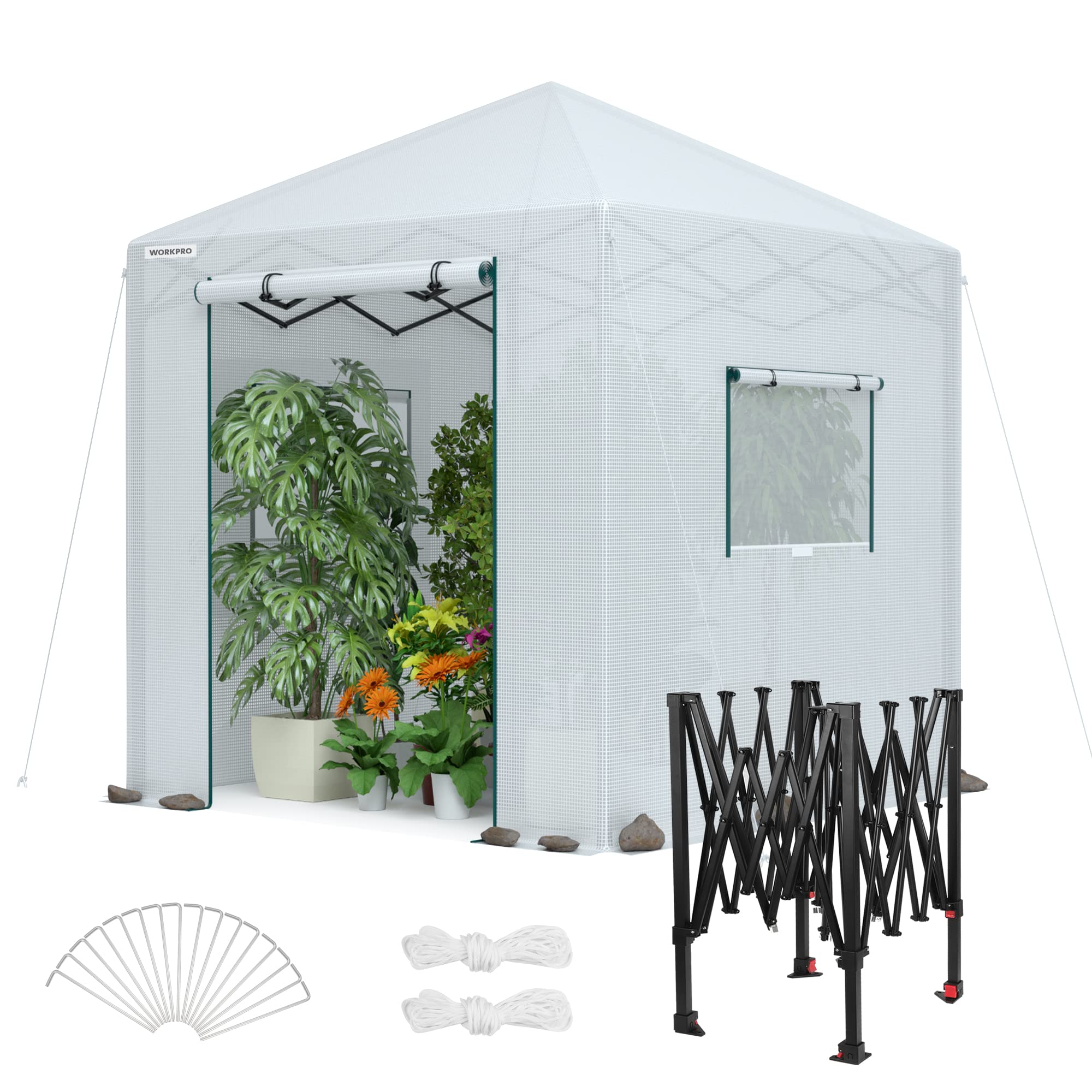 WORKPRO Greenhouse, 94”x 94”x 99” Instant Pop-up Heavy Duty Gardening House Canopy with Robust PE Cover, Indoor Outdoor Plant Winter House with Zipper Entry Doors and 2 Side Screen Windows